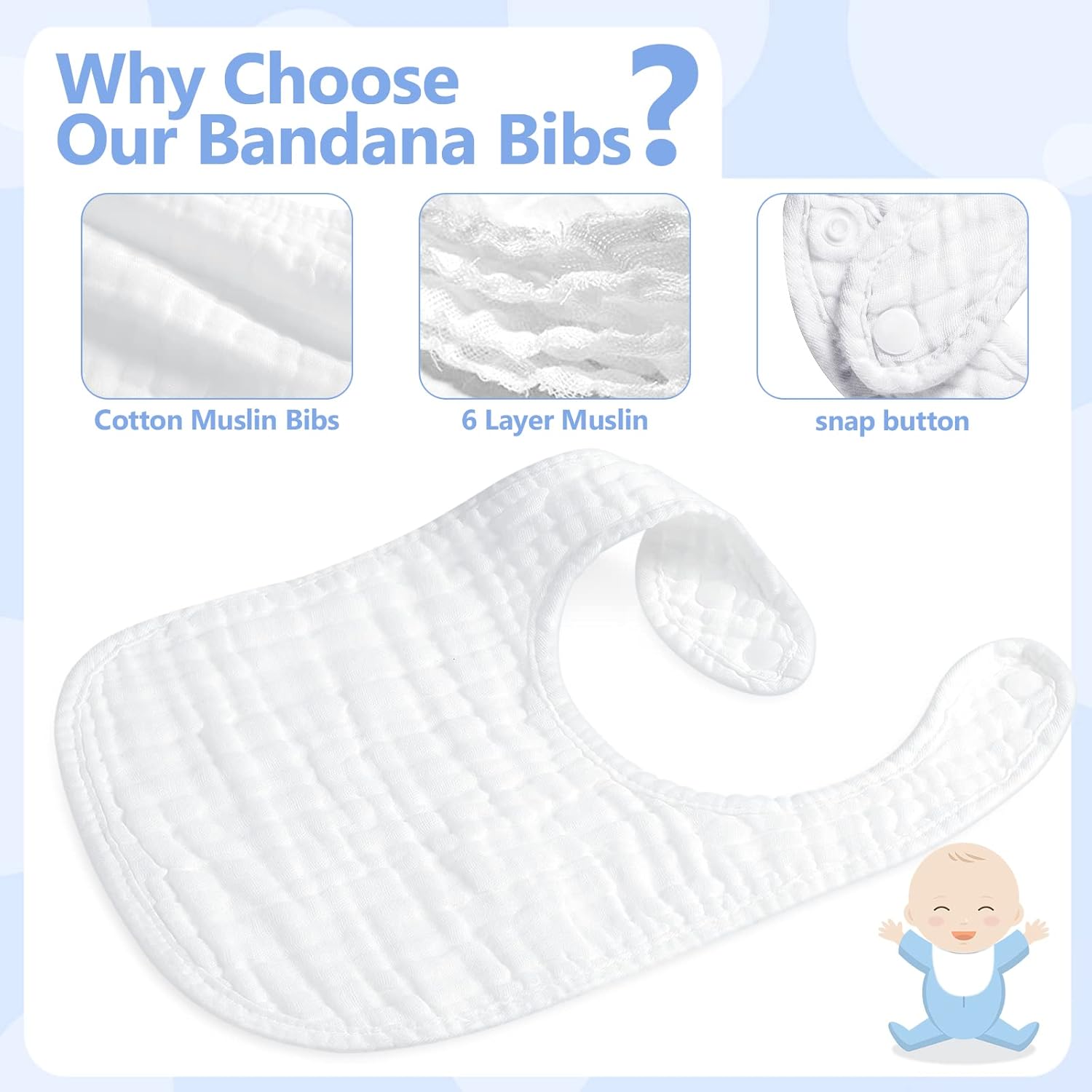 Zhanmai Paquete de 20 baberos de muselina ajustables para bebé, baberos blancos de 6 capas absorbentes, baberos para recién nacidos, baberos bandana