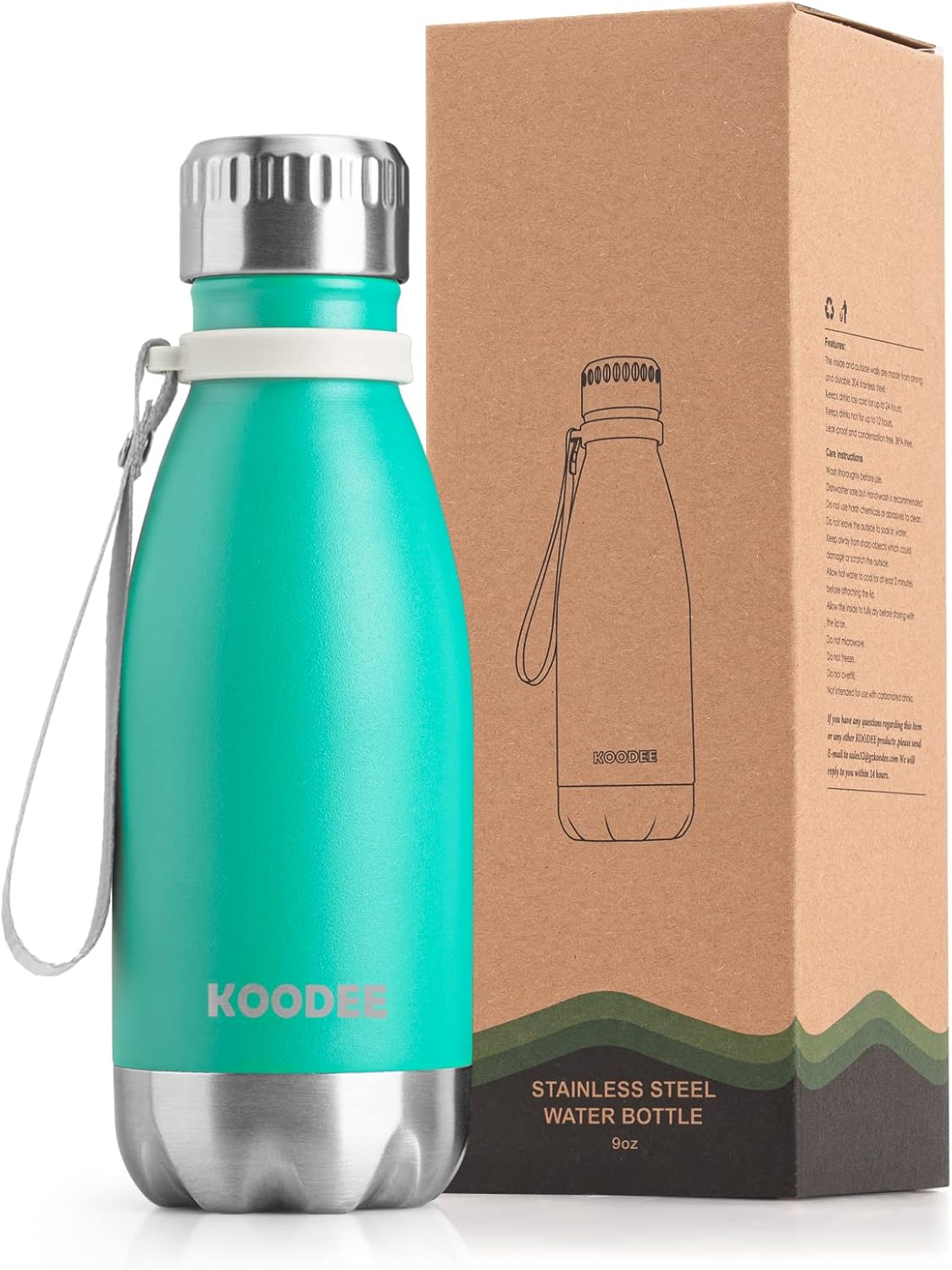 koodee Botella de agua pequeña de acero inoxidable de 9 onzas, doble pared aislada al vacío, para la escuela, a prueba de fugas, sin BPA (azul