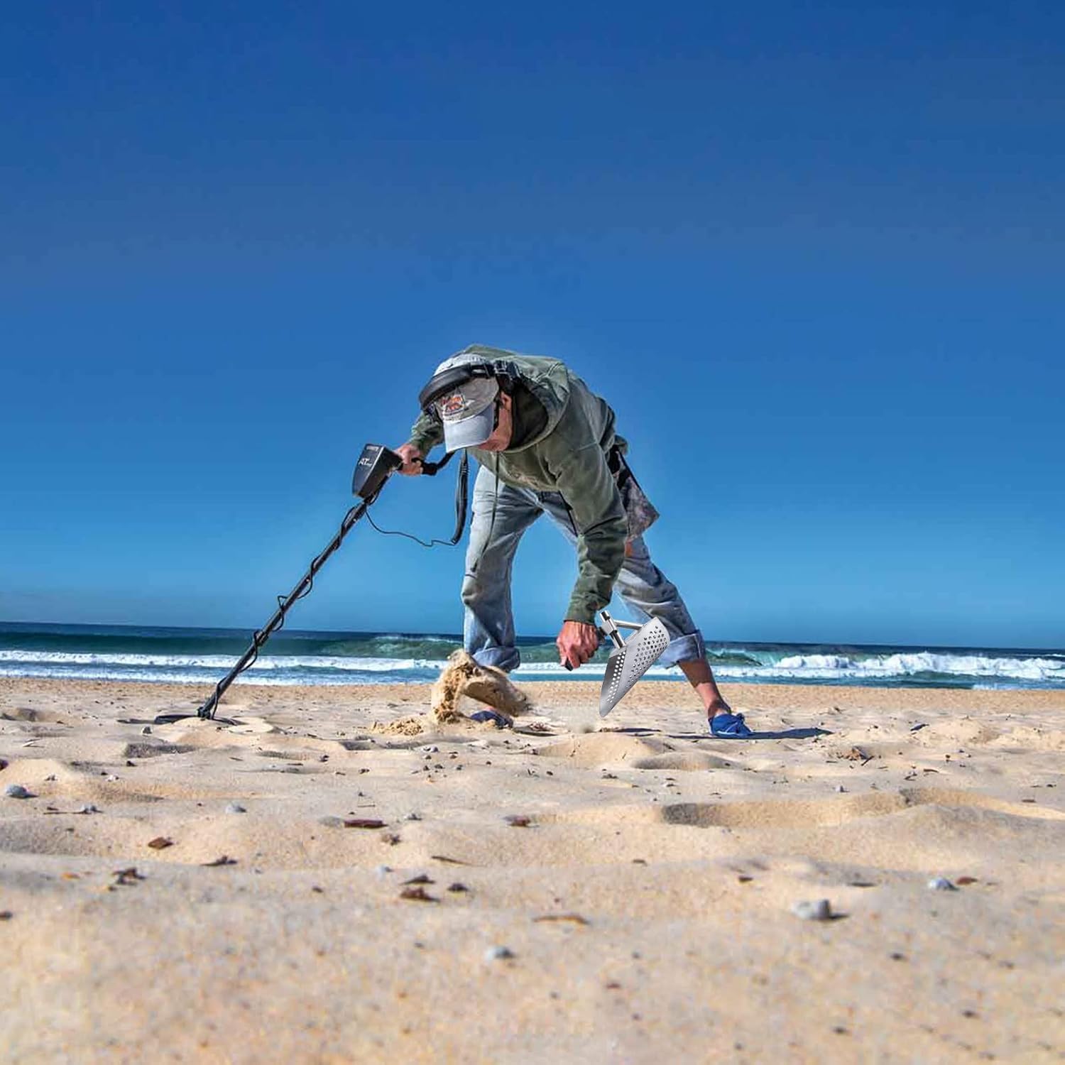 Cuchara de arena para detección de metales, pala de playa de acero inoxidable para adultos, pala de arena con mango largo para playa, caza del