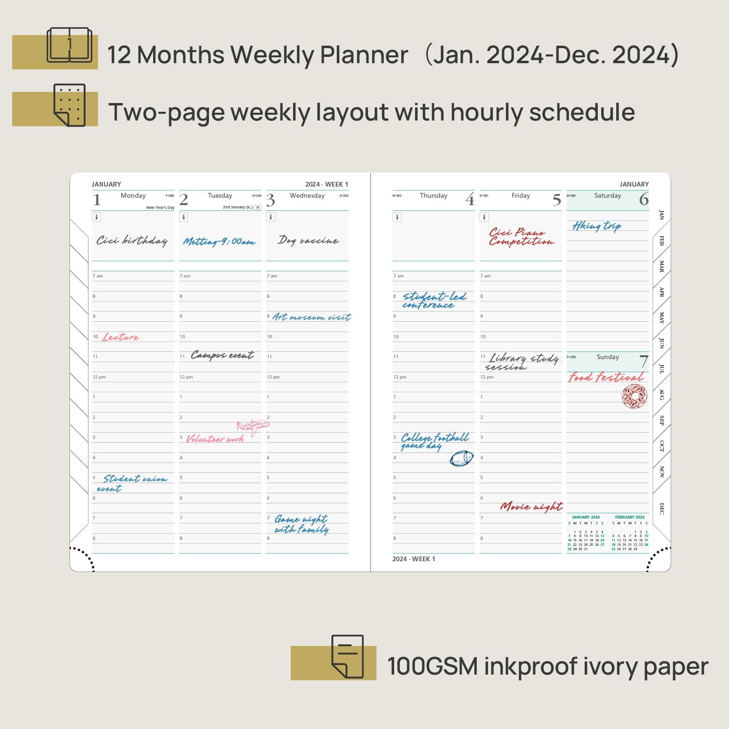 POPRUN Agenda semanal 2024 (6.5 x 8.5 pulgadas), calendario vertical diario, semanal y mensual con pestañas mensuales y ranuras horarias, tapa dura