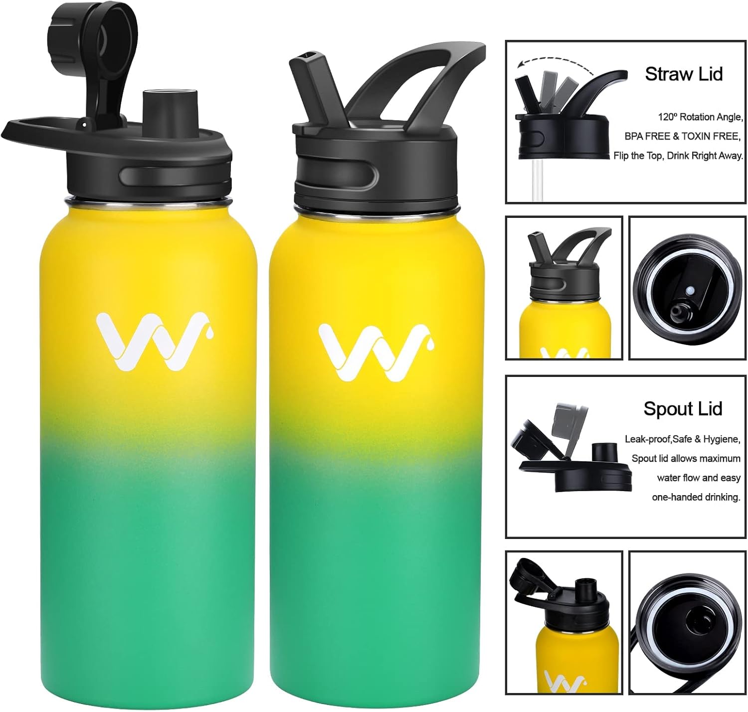 WEREWOLVES Botella de agua aislada con asas de paracaídas, correa, tapa de popote y tapa de boquilla, botella de agua reutilizable de boca ancha al