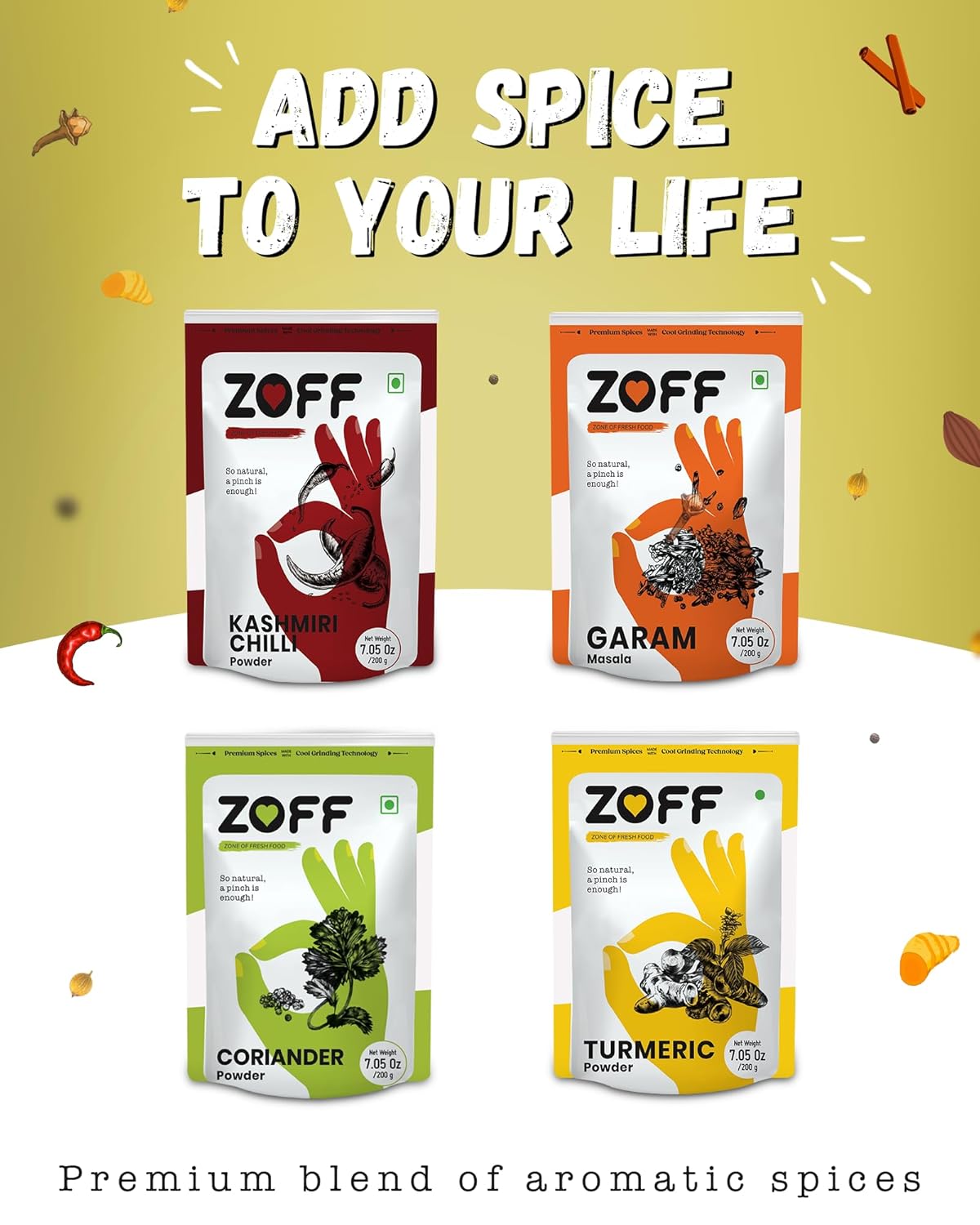 ZOFF Spices Combo Pack de 4  Especias en polvo tradicionales indias con chile en polvo de Cachemira, Garam Masala, polvo de cilantro, cúrcuma en
