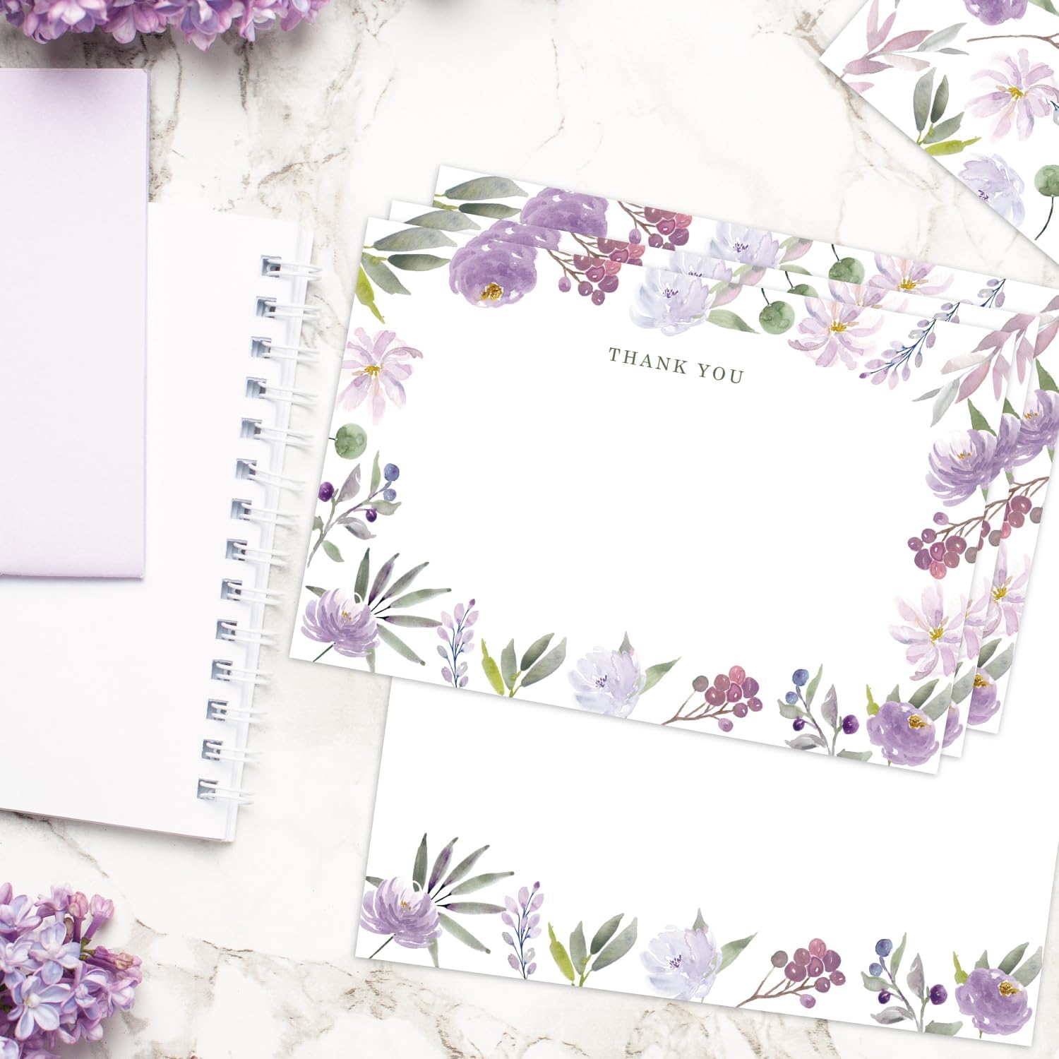 Tarjetas de agradecimiento florales moradas de 4 x 6 pulgadas con sobres, paquete de 20 tarjetas de notas florales en blanco con sobres, tarjetas de