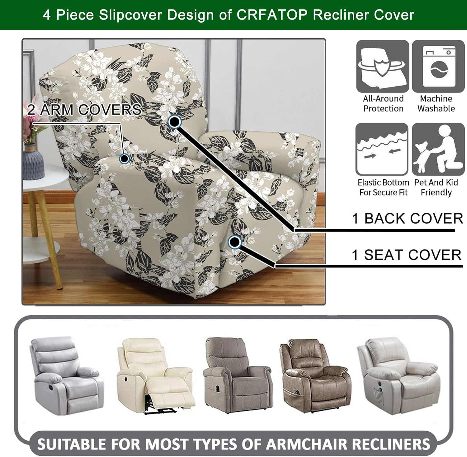 CRFATOP Fundas elásticas para sillón reclinable, 4 piezas, fundas para sillón reclinable con bolsillos de almacenamiento, protector de muebles para