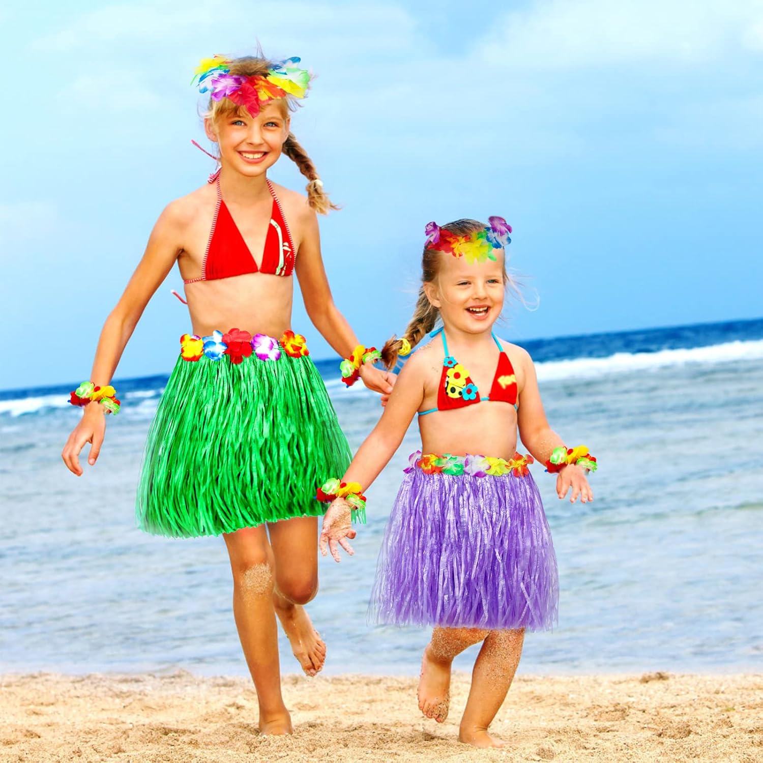 Garma La falda de hierba para niños a granel incluye 12 faldas hawaianas de Luau Hula + 12 diademas + 24 pulseras para fiestas temáticas hawaianas,