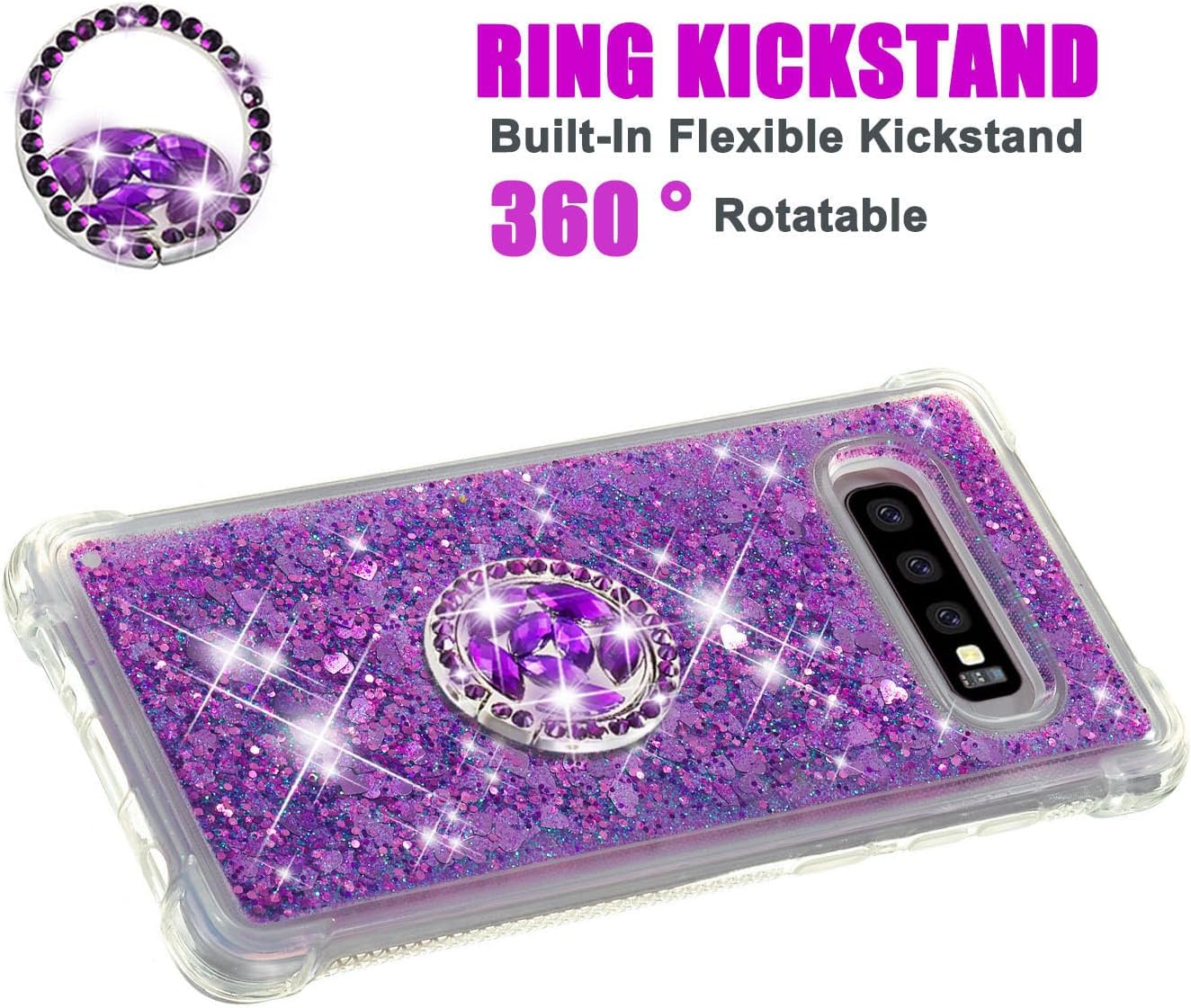 Asuwish Funda de teléfono para Samsung Galaxy S10 con protector de pantalla y soporte para anillo con purpurina líquida transparente, funda