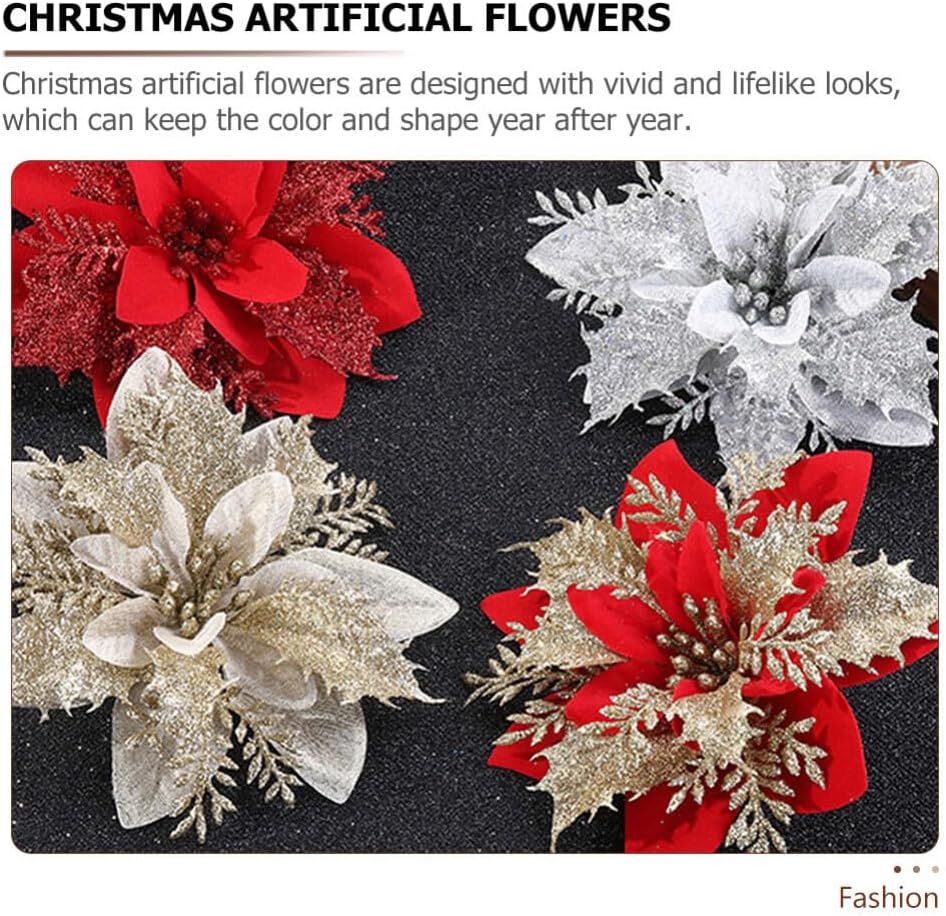 VOSAREA Decoraciones de Navidad, 24 piezas de flores de pascua de Navidad con purpurina artificial, flores en aerosol para árbol de Navidad,