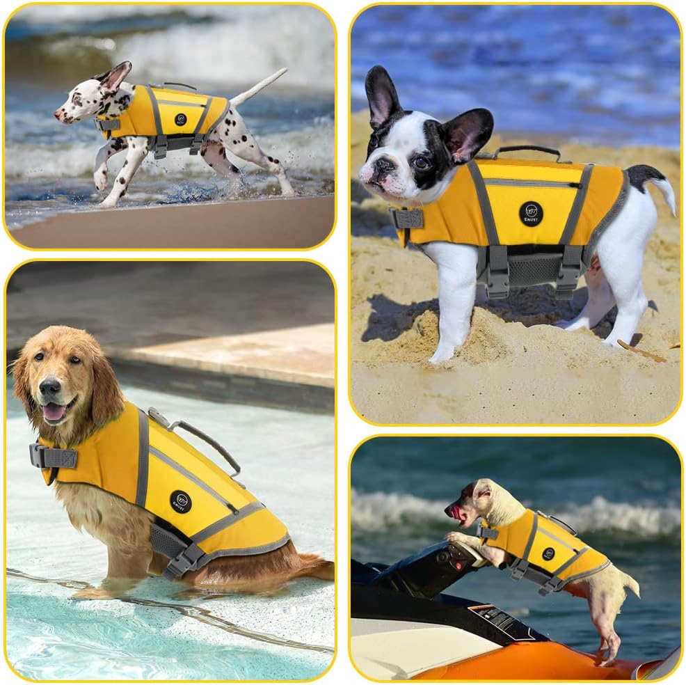 EMUST Chalecos salvavidas para perros, chaleco flotante ligero para perros con asa de rescate duradera, hebillas de liberación rápida, chaleco