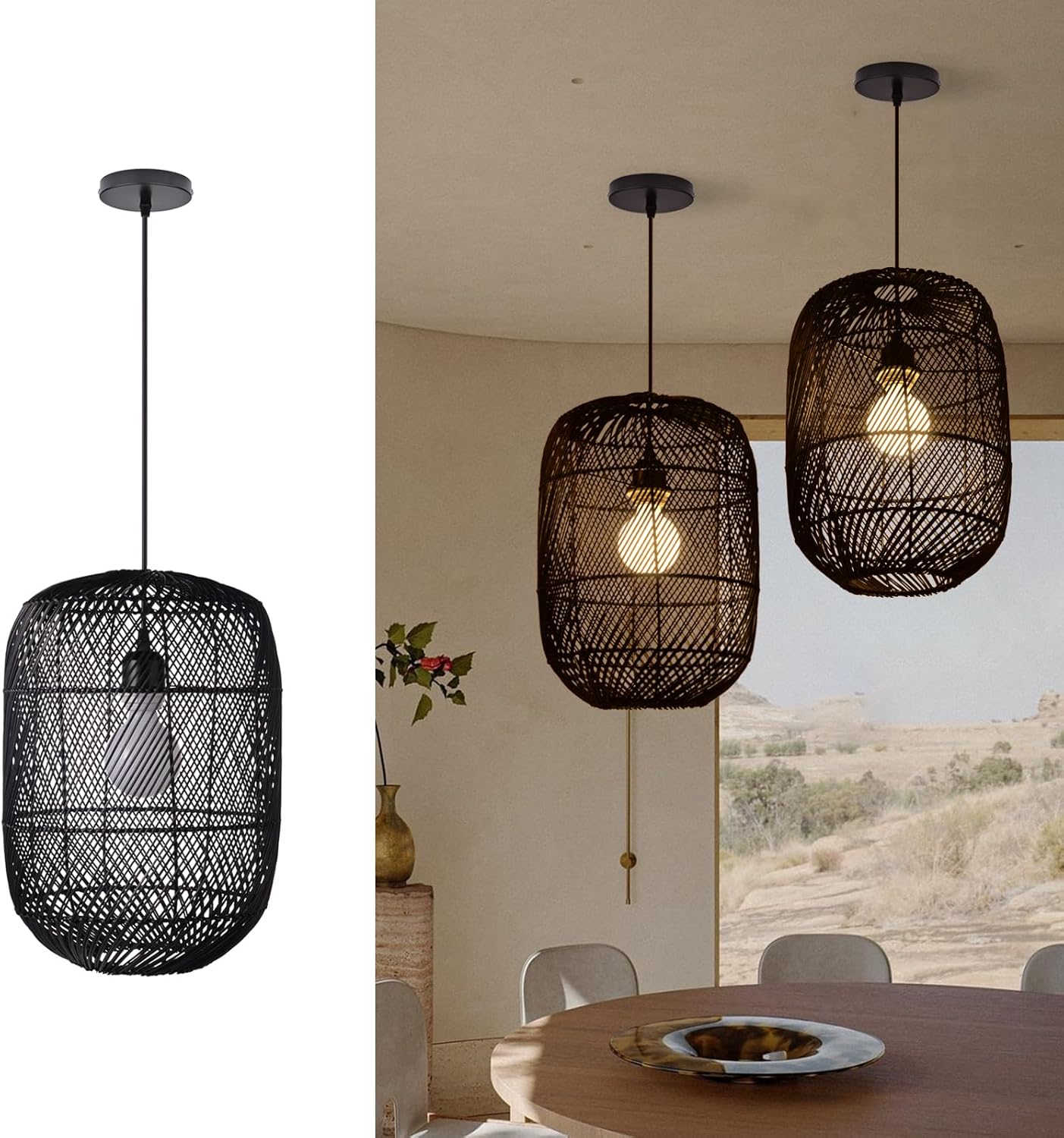 Arturesthome Lámpara colgante de ratán negro, lámpara de techo estilo bohemio natural, lámpara colgante de mimbre retro para isla de cocina