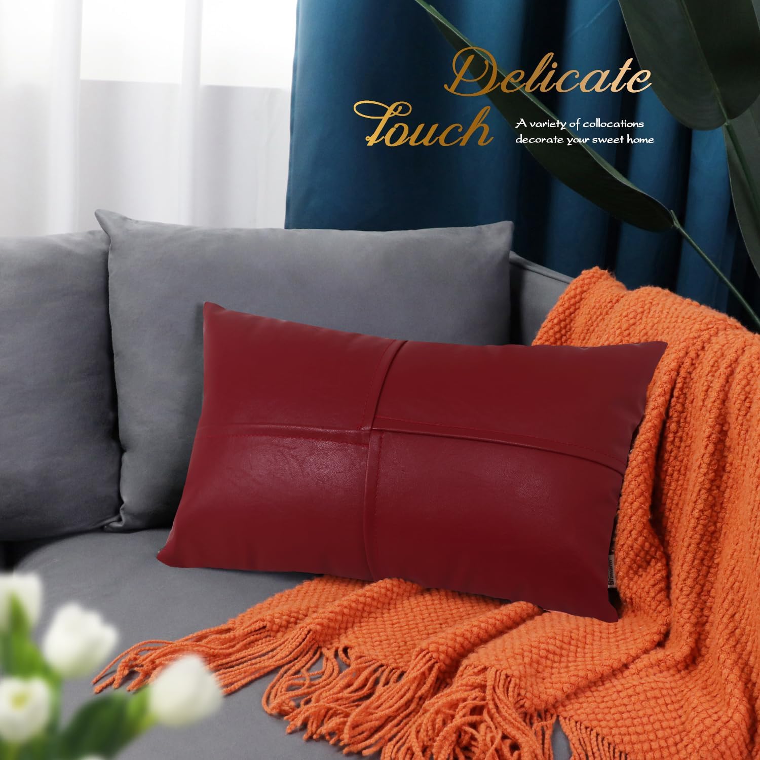 BRAWARM Juego de 2 fundas de almohada de piel sintética de 12 x 20 pulgadas, fundas de almohada lumbar de cuero rojo profundo, almohadas decorativas