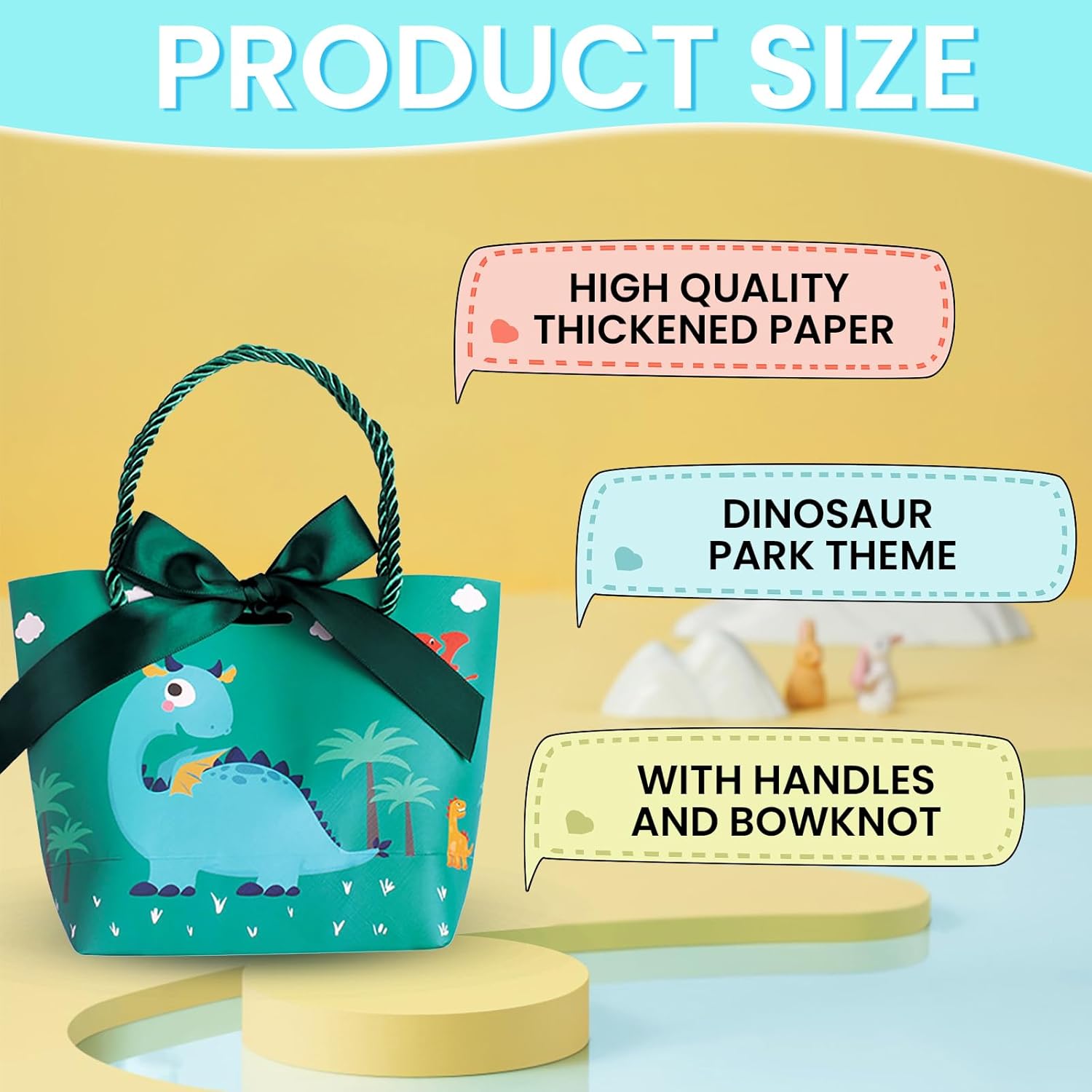 Paquete de 6 bolsas de regalo de dinosaurio con asas y lazo, bolsas de papel de dinosaurio verde para fiestas, suministros de fiesta para