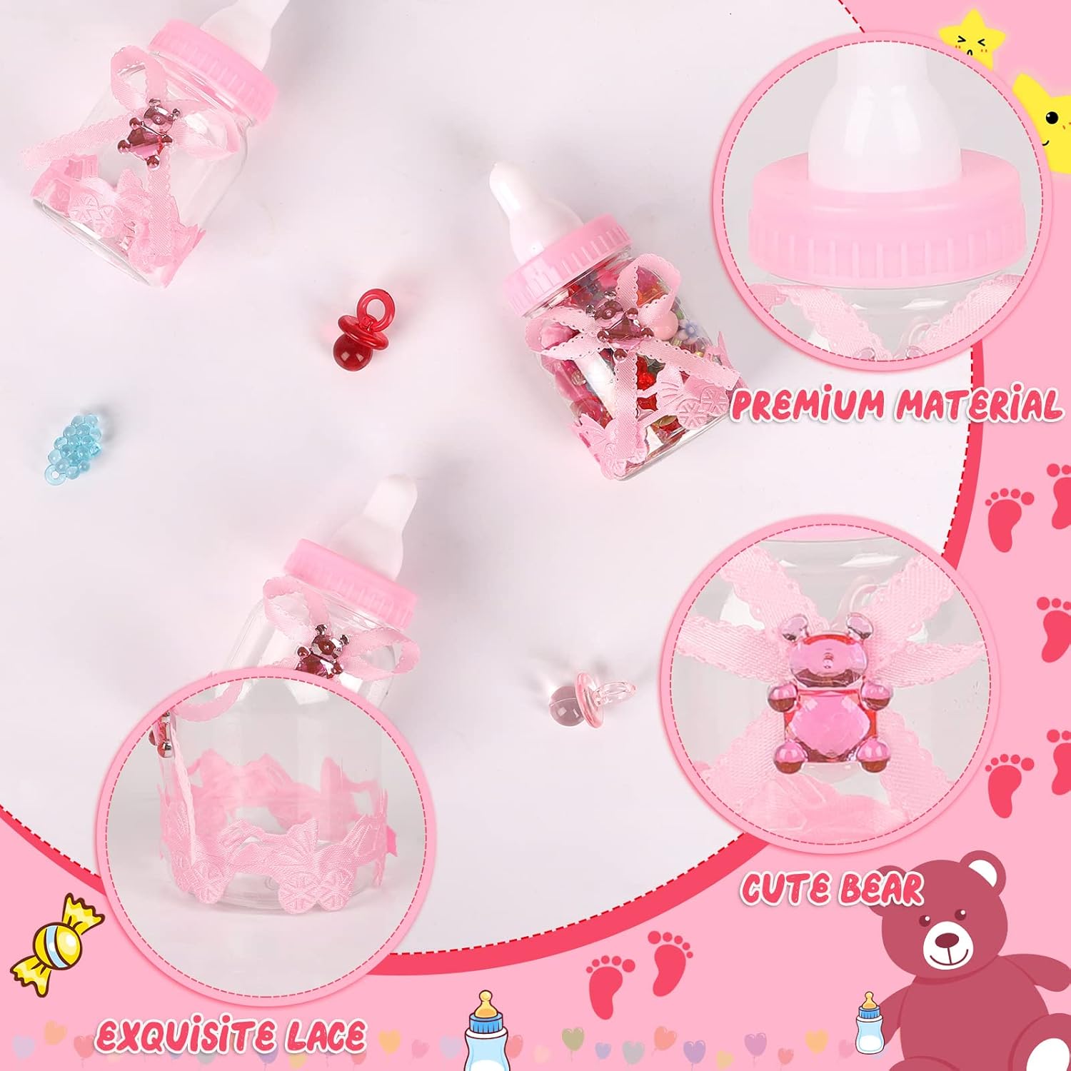 MACTING Biberón para recuerdos de baby shower, 4docenas de mini botellas de caramelo con 10 flores artificiales para niños y niñas, decoración de