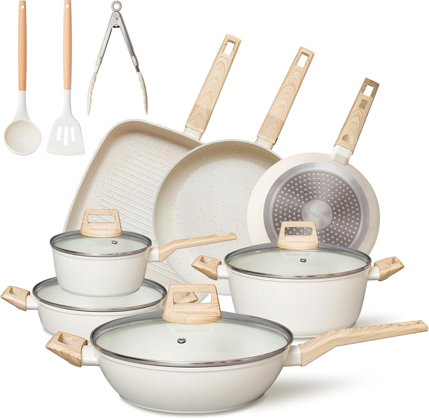 HAFMOOBEY Juego de ollas y sartenes antiadherentes, 21 piezas de utensilios de cocina de inducción de granito beige con sartenes, cacerola y ollas