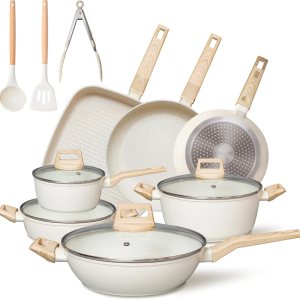 HAFMOOBEY Juego de ollas y sartenes antiadherentes, 21 piezas de utensilios de cocina de inducciĂ³n de granito beige con sartenes, cacerola y ollas HAFMOOBEY Juego de ollas y sartenes antiadherentes, 21 piezas de utensilios de cocina de inducciĂ³n de granito beige con sartenes, cacerola y ollas