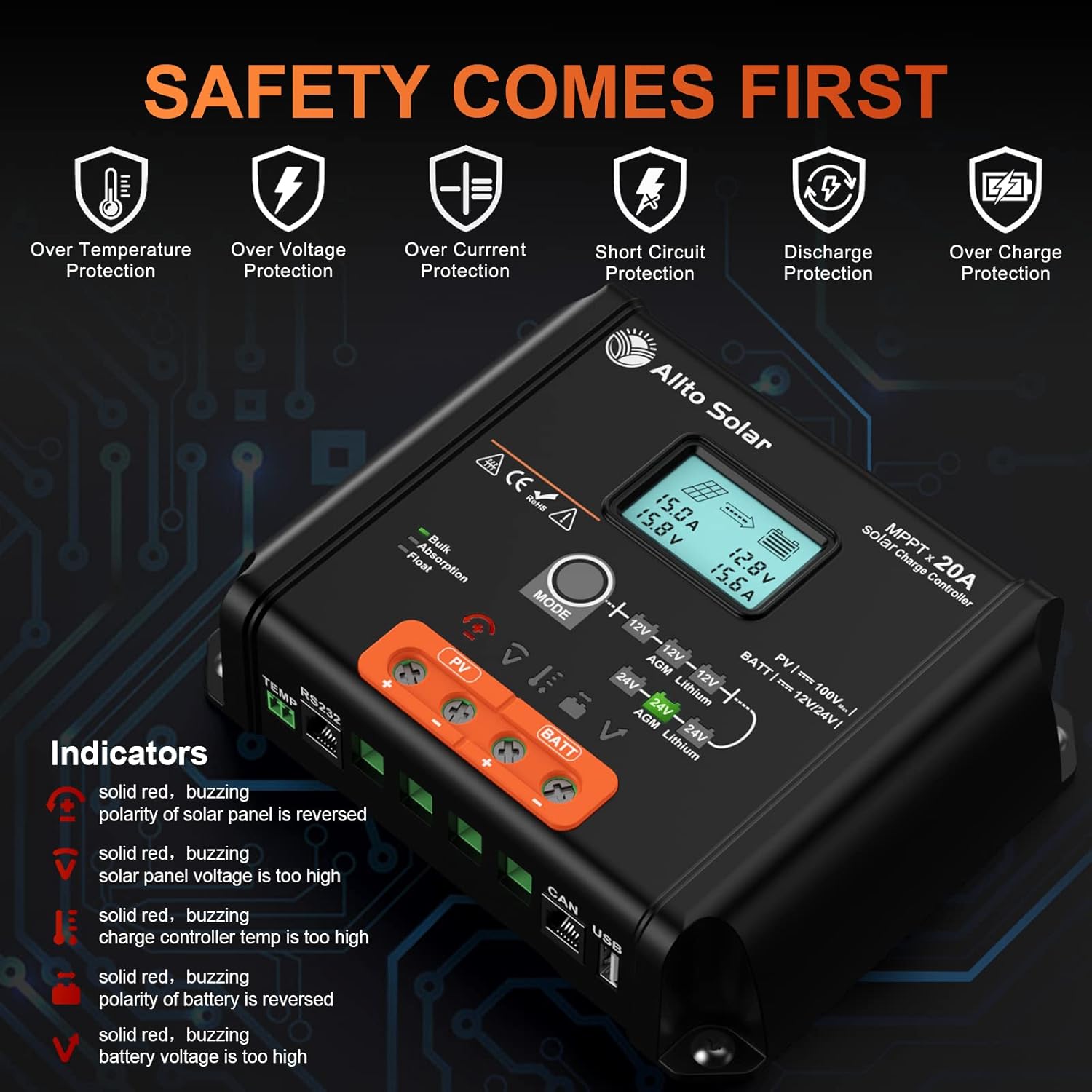 Allto Solar Controlador de carga solar MPPT de 20 amperios, 12 V24 V, pantalla LCD retroiluminada, regulador de panel solar de 20 A con sensor de