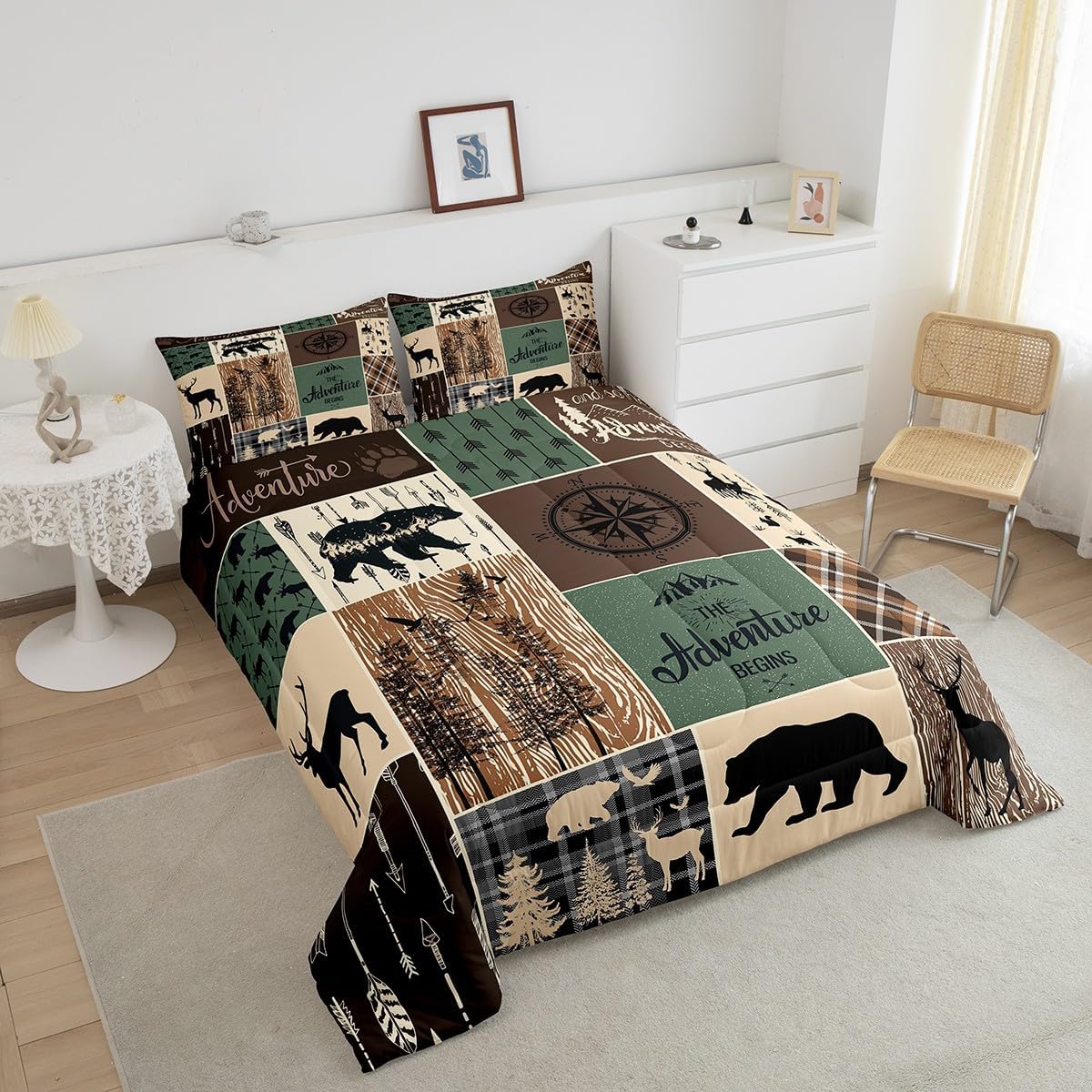 Juego de edredón de oso de caza, ciervo, juego de ropa de cama a cuadros tamaño King, edredón rústico de retazos de cabaña para niños, adolescentes,