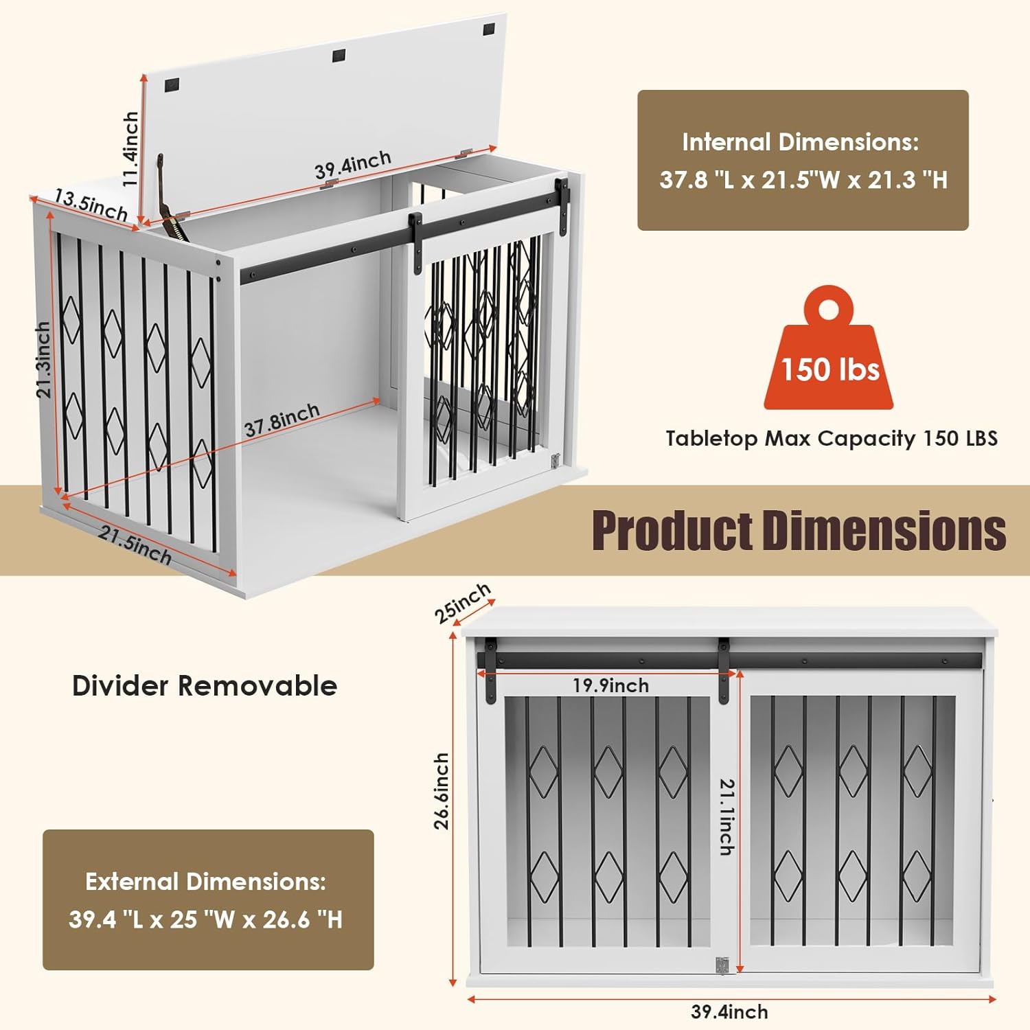 Arlopu Mueble de jaula para perros con puerta corrediza de granero, mesa auxiliar de madera de 39.4 pulgadas, con apertura superior, divisor