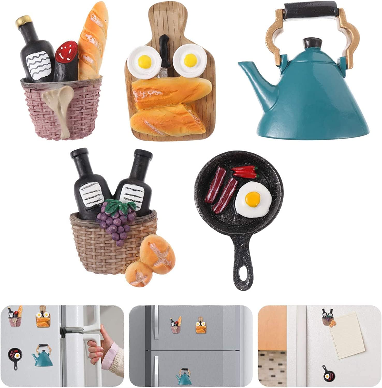 Bonitos imanes para refrigerador, 5 imanes de nevera, juguete de cocina, resina 3D, calcomanías artificiales para puerta de refrigerador, pan