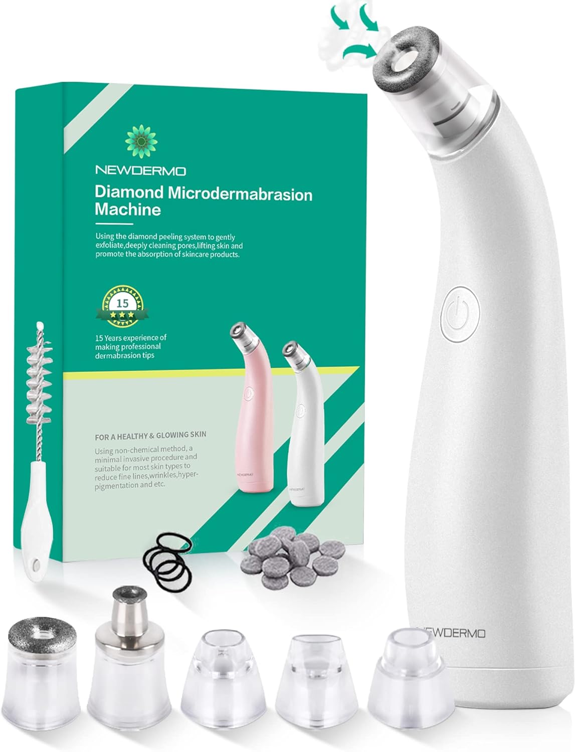 NEWDERMO Máquina de microdermoabrasión 2 en 1 para uso facial, dispositivo de microdermoabrasión de diamante recargable por USB (blanco) con filtros