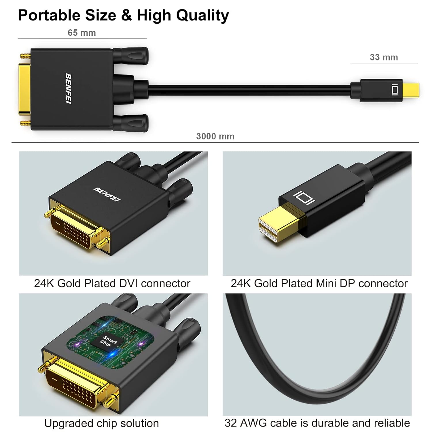 BENFEI Cable Mini DisplayPort a DVI, cable de Mini DisplayPort a DVI de 10 pies (compatible con Thunderbolt 2) con MacBook AirPro, Surface ProDock,
