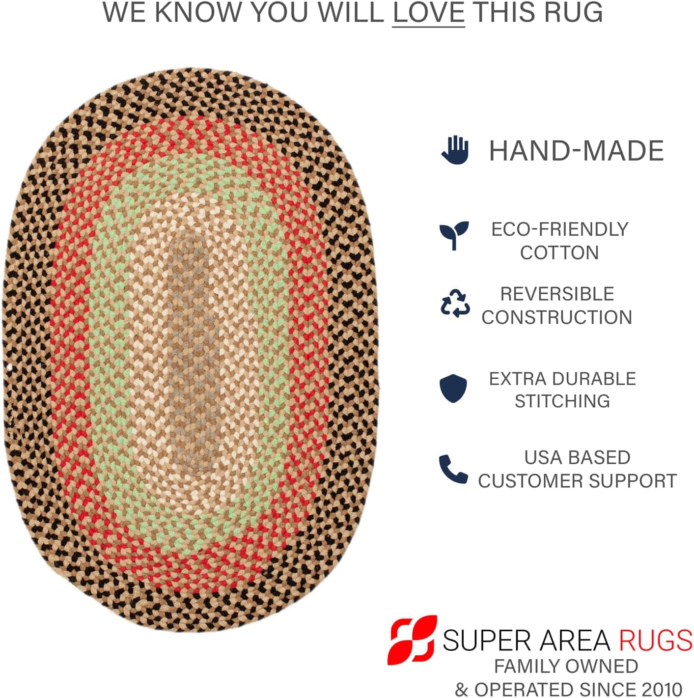 Super Area Rugs Alfombra trenzada ovalada ovalada de 4 x 6 pies, color marrón, rojo y verde, para dormitorios y salas de estar estilo rural