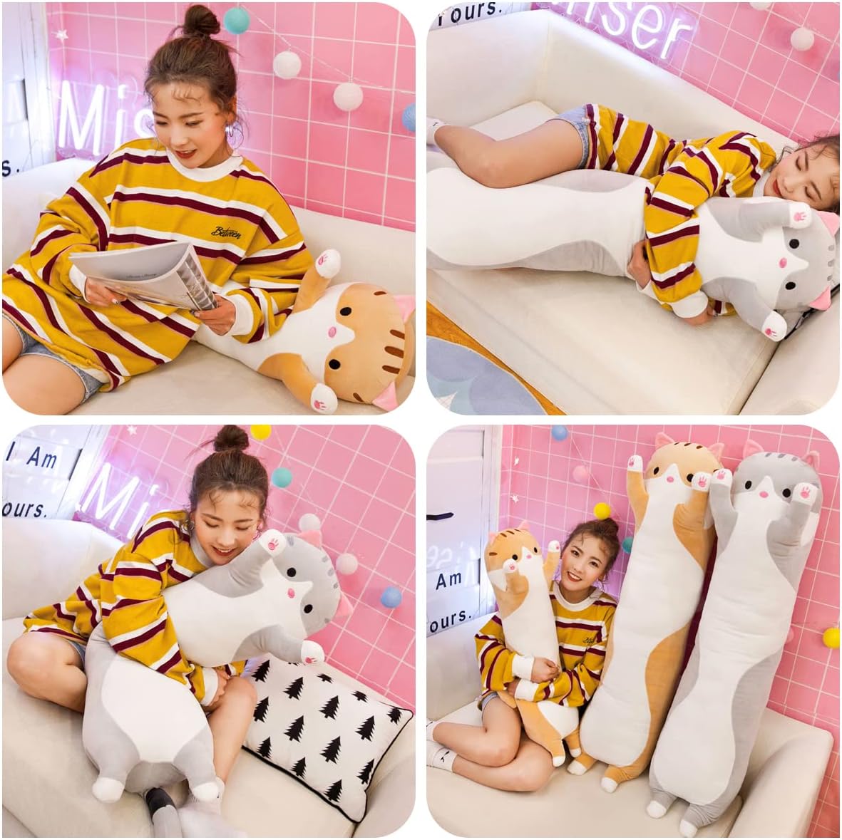 Linda almohada larga para el cuerpo de gato de peluche de animales de peluche para niñas y niños, almohada de peluche Kawaii para mascotas