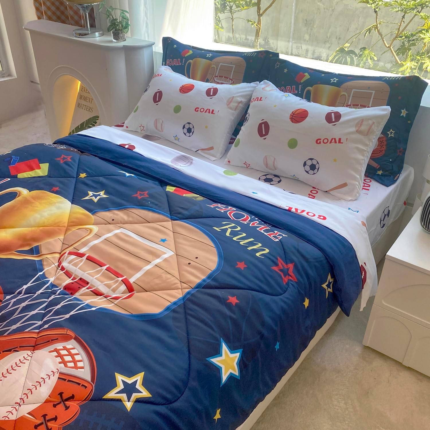 Jameswish Juego de edredón deportivo para niños, tamaño matrimonial, 7 piezas, juego de ropa de cama de baloncesto, fútbol, béisbol, para niños,