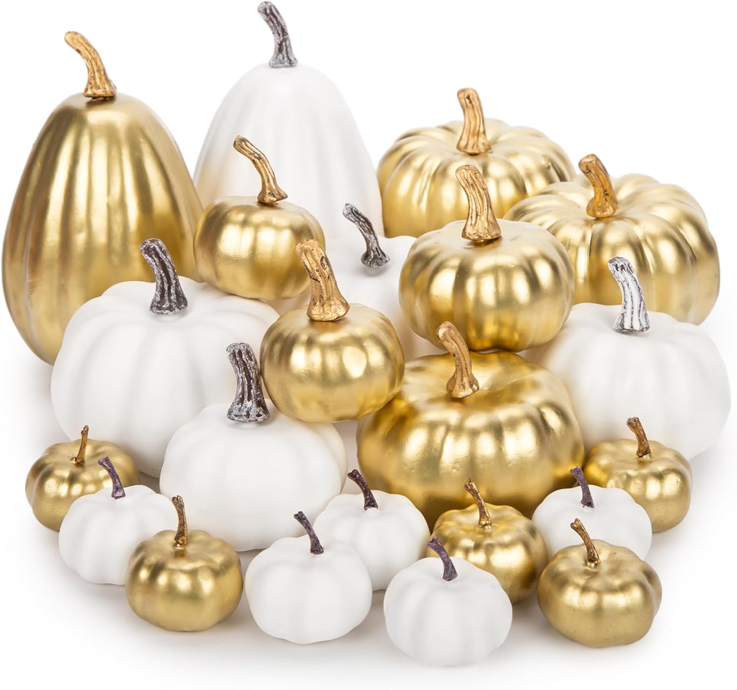 BigOtters 22 piezas de calabazas de otoño, calabazas artificiales, pequeñas calabazas falsas de espuma blanca y dorada para manualidades, Halloween,
