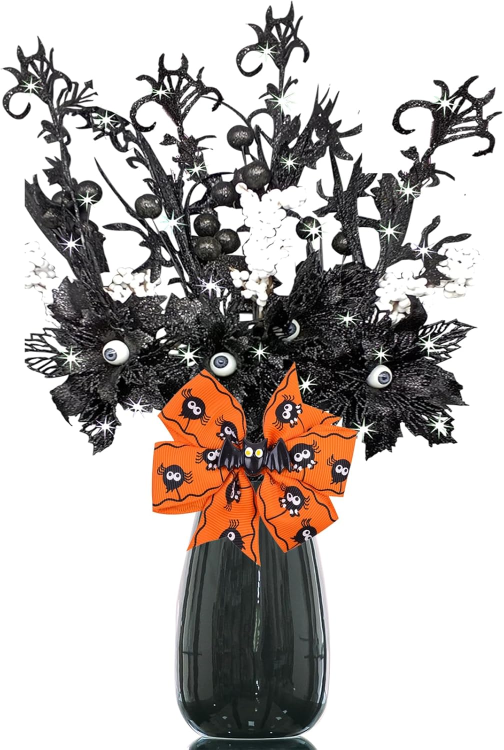 4 piezas de flores artificiales negras con purpurina de Halloween, murciélagos, ojos del diablo, tallos artificiales de ojos encantados, decoración