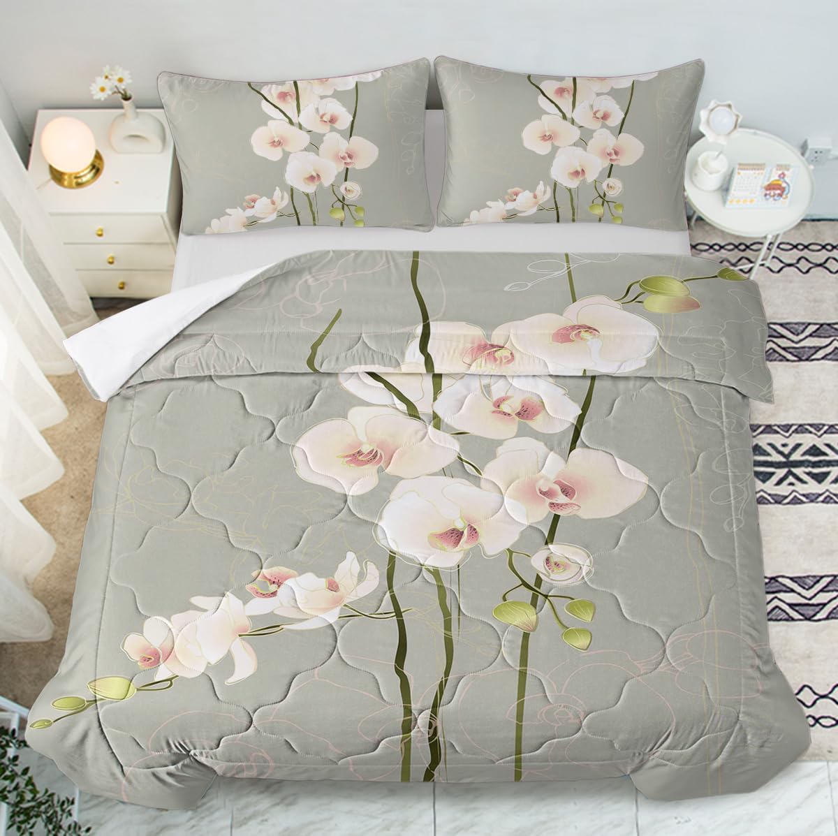 DECOVOGUE Edredón floral de orquídea para niñas y mujeres, edredón con diseño de flores con 2 fundas de almohada, tamaño Queen, 3 piezas con patrón
