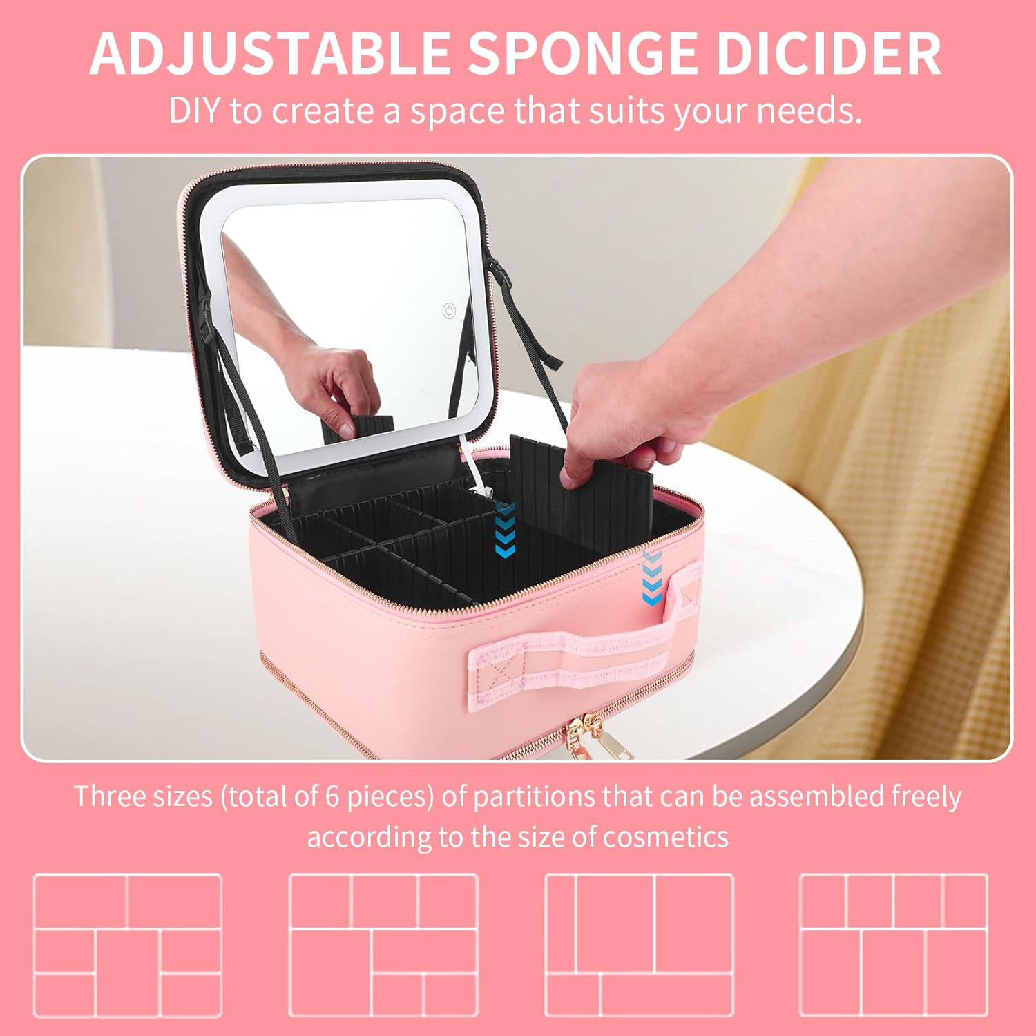 Bolsa de maquillaje con espejo LED y soporte para joyas, estuche de maquillaje de viaje con espejo iluminado, bolsa de maquillaje de viaje con