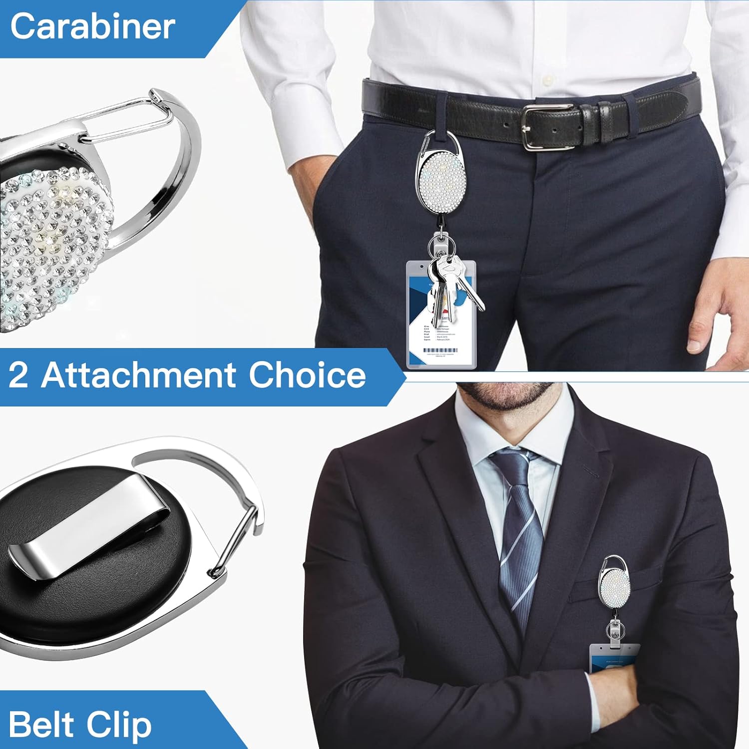 SAVORI Paquete de 2 soportes retráctiles con clip para cinturón, soporte para tarjetas de identificación, llavero con diamantes de imitación,