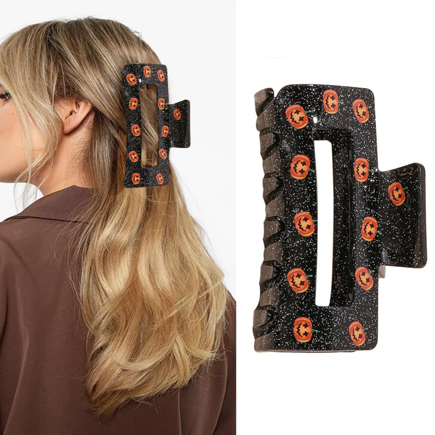Pinzas para el cabello de Halloween, cuadradas, de calabaza, grandes, para mujeres y niñas, con bonito diseño de calabaza para cabello finogrueso,