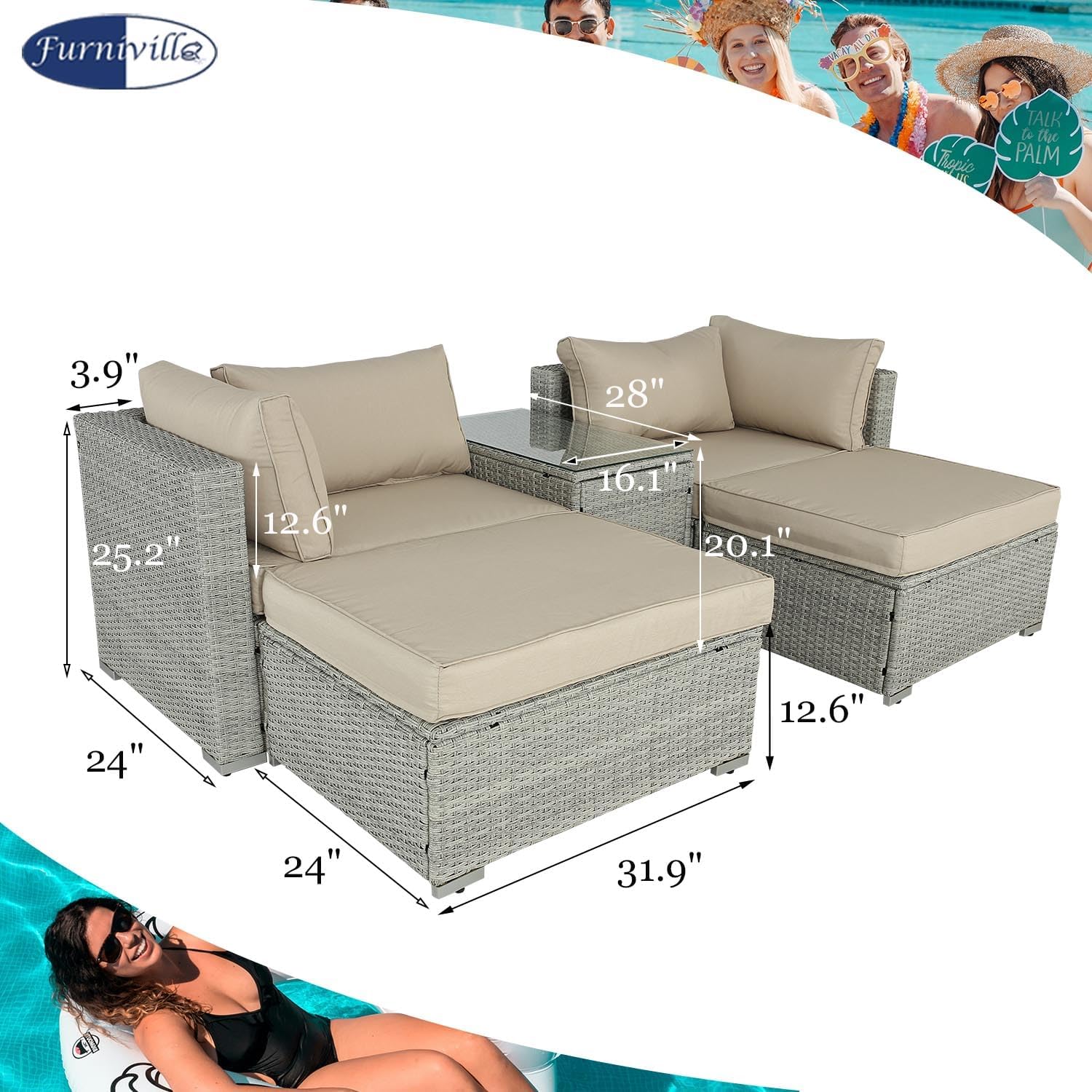 Juego de 5 piezas de sillas de patio y muebles otomanos de patio para todo tipo de clima, juego de conversación de ratán PE con sillas acolchadas
