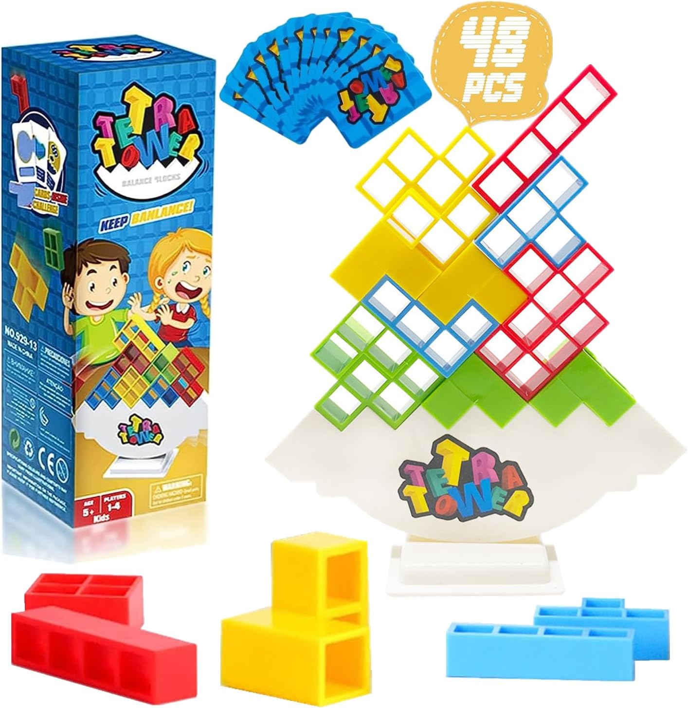 Juego de 48 bloques de equilibrio de torre Tetra, juegos de mesa para niños y adultos, juego de equilibrio para 2 jugadores, juego de bloques de