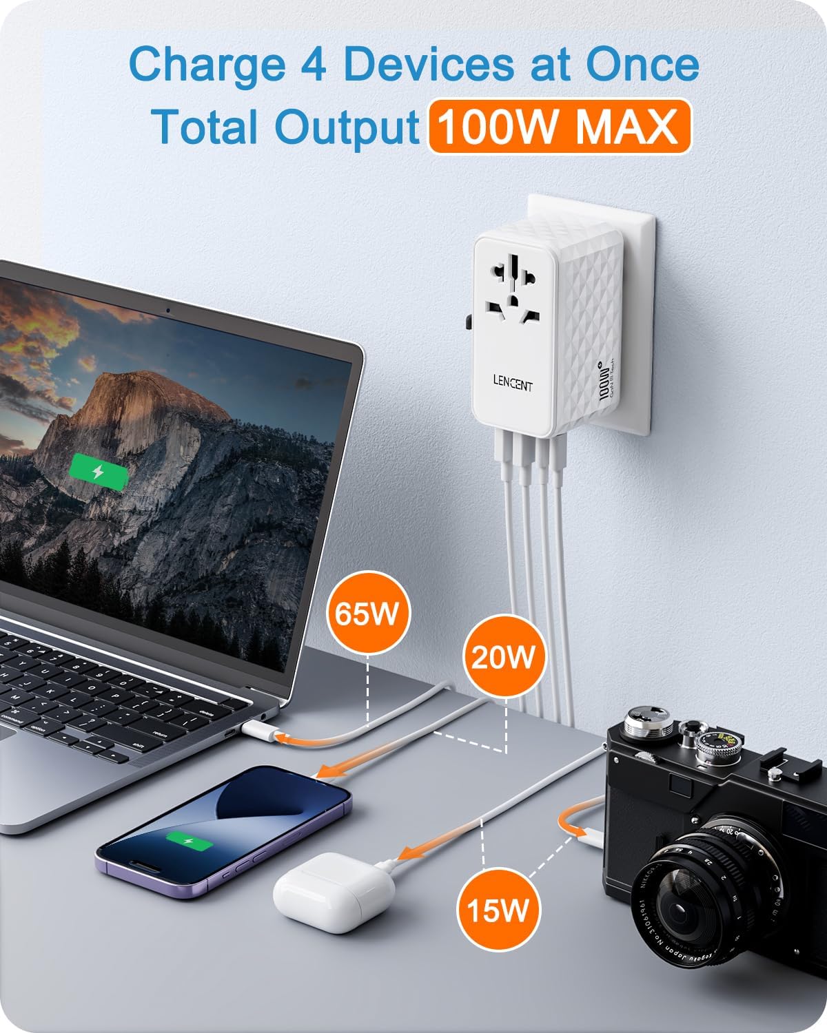 LENCENT Adaptador de viaje internacional de 100 W, adaptador de viaje universal con 2 QC USB-A y 2 adaptadores de corriente PD3.0 tipo C, carga