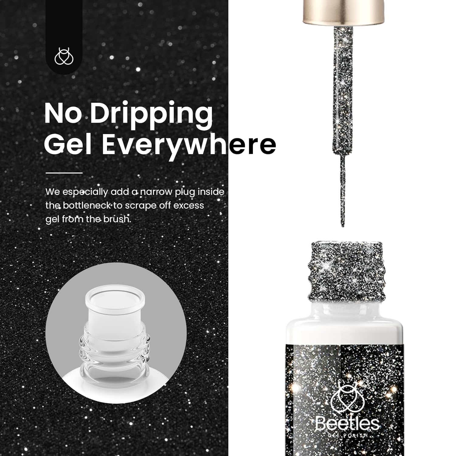 Beetles Gel Polish Juego de 2 esmaltes de uñas con revestimiento de purpurina Midnight Clubbing, esmalte de uñas de gel negro plateado con purpurina