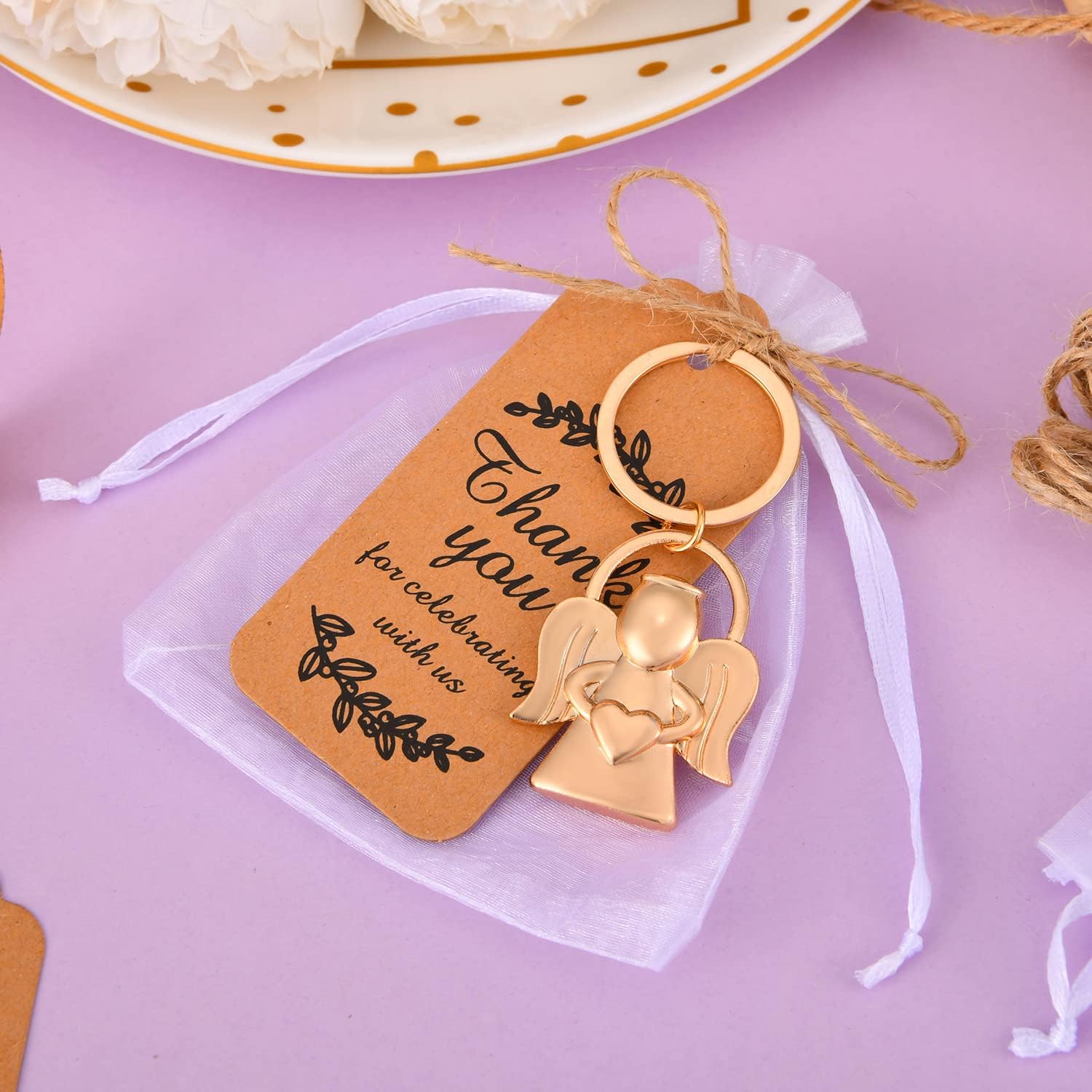 KBDHYY 24 angel designed key chains and Keychain for baby showers and weddings, party gifts, guest souvenirs or decorations, with labels and silk