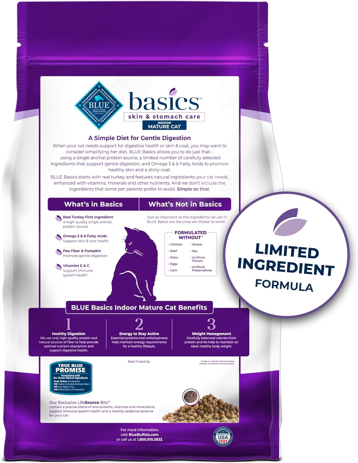 Blue Buffalo Basics – Alimento seco para gatos sin granos, cuidado de la piel y el estómago, dieta de ingredientes limitados para gatos maduros de