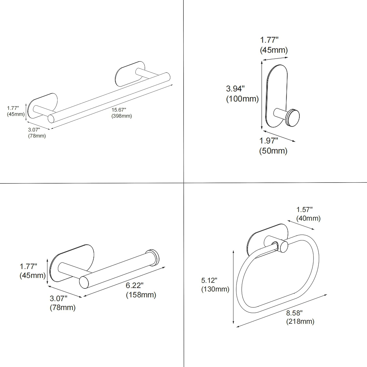 Juego de 4 accesorios de baño, autoadhesivo, acero inoxidable, níquel cepillado de 16 pulgadas, toallero, anillo, soporte para rollo de papel