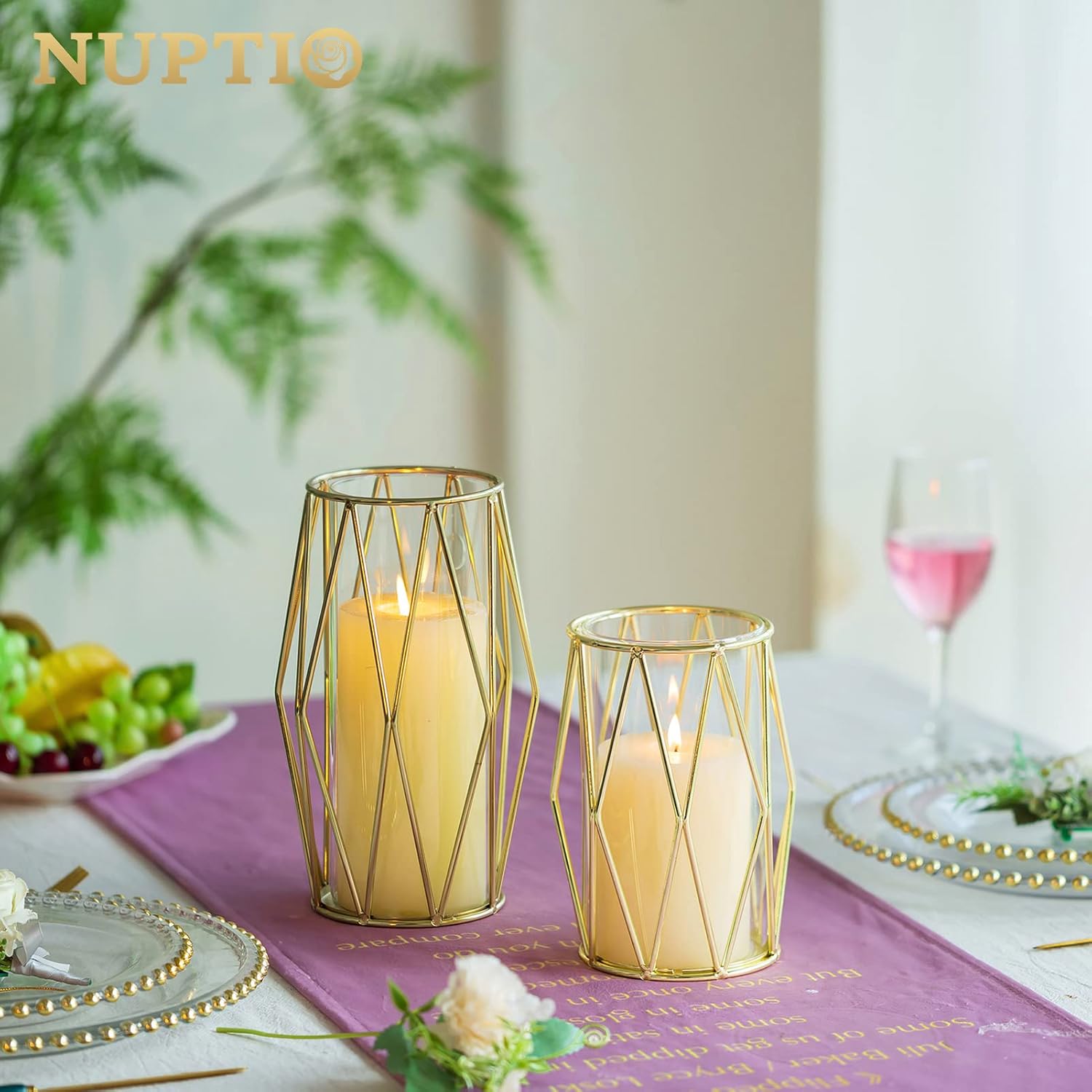 Nuptio Portavelas para velas de pilar, candelabros geométricos, jarrón dorado con cilindro de huracán de vidrio, doble uso para boda, fiesta de
