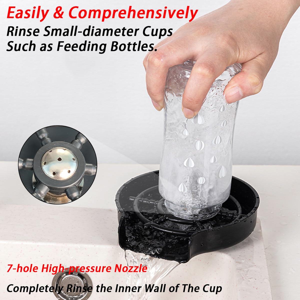 Kanehosi Enjuagadora de vidrio para fregadero de cocina, enjuague de taza de grifo de acero inoxidable para fregadero, base de ABS duradero,