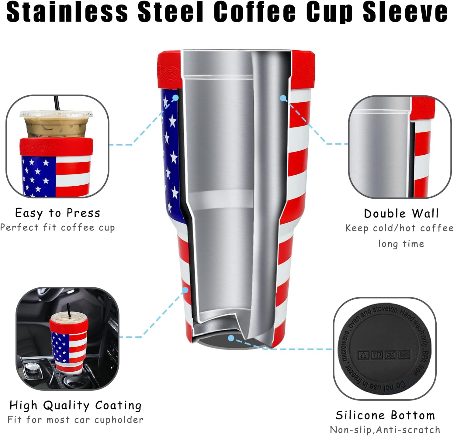 XccMe Funda de acero inoxidable para café helado, vaso aislado de acero inoxidable de 30 onzas con tapa, mangas de doble pared para bebidas frías,