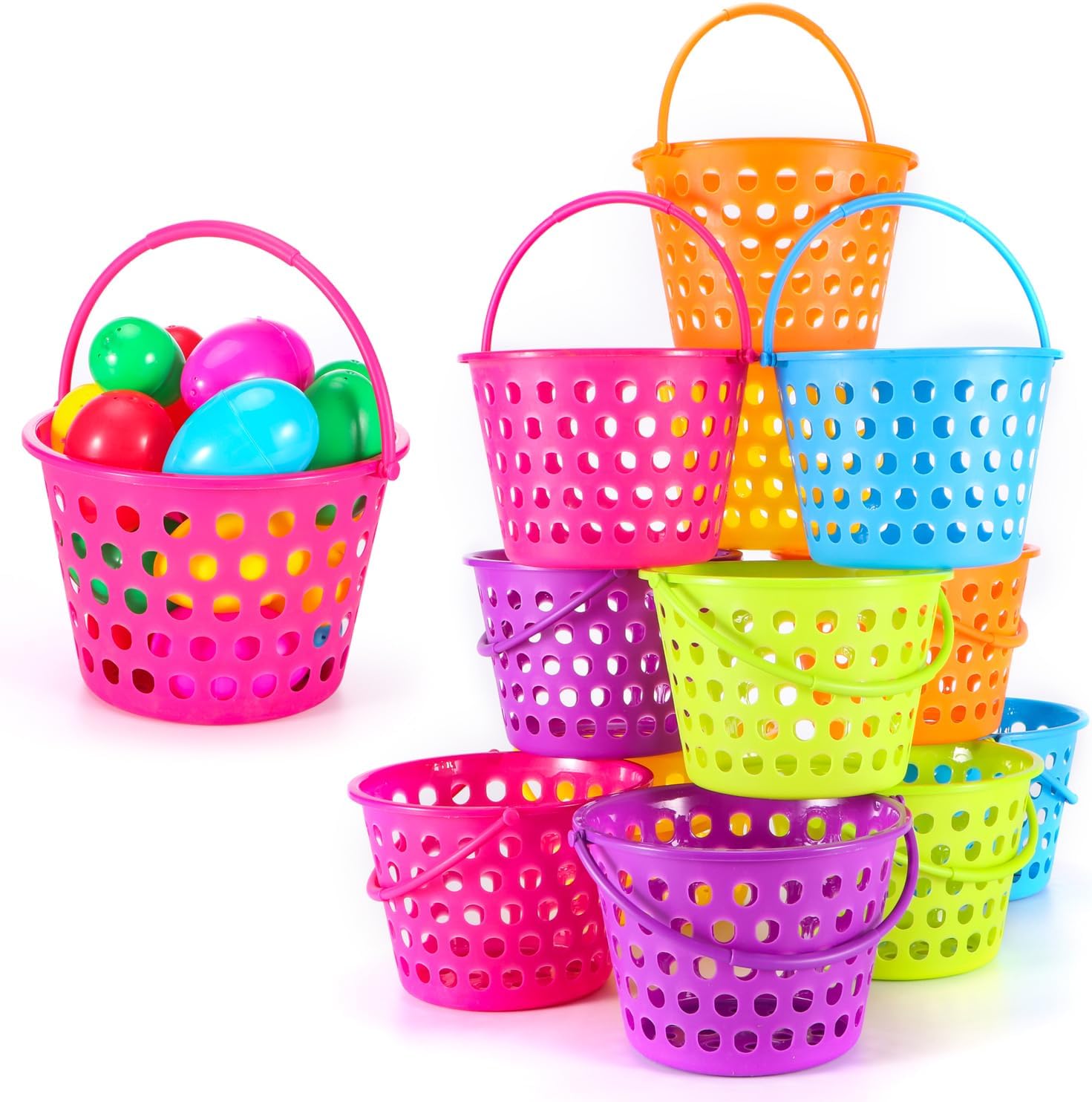 Sizonjoy Paquete de 12 cestas de Pascua para niños, bolsas de Pascua de plástico de 8.6 pulgadas con asas, bolsas de cubo de Pascua rellenas de