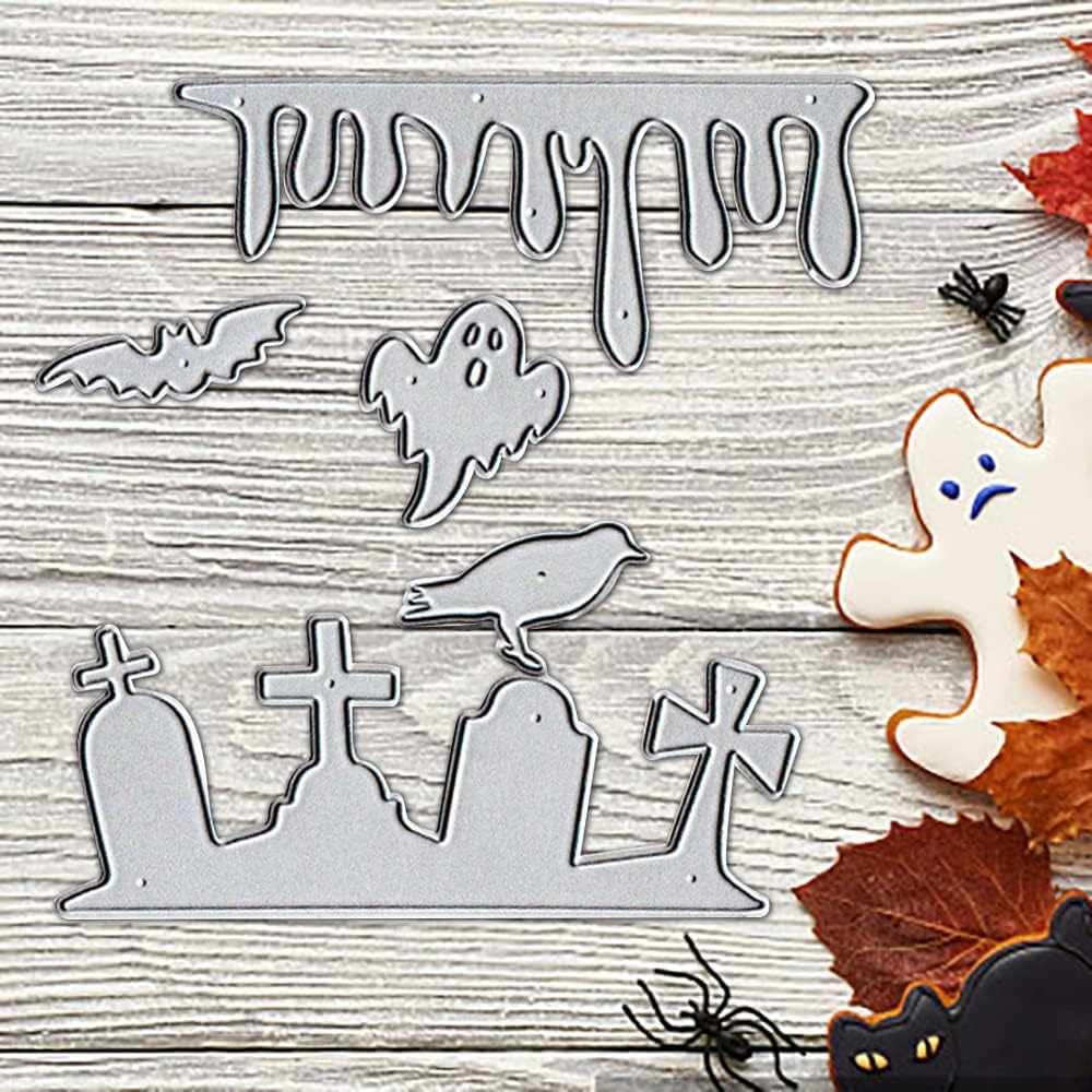 Troqueles de murciélagos fantasmas de Halloween para hacer tarjetas, juegos de troqueles de corte de cementerio de Halloween, plantillas de cuervo
