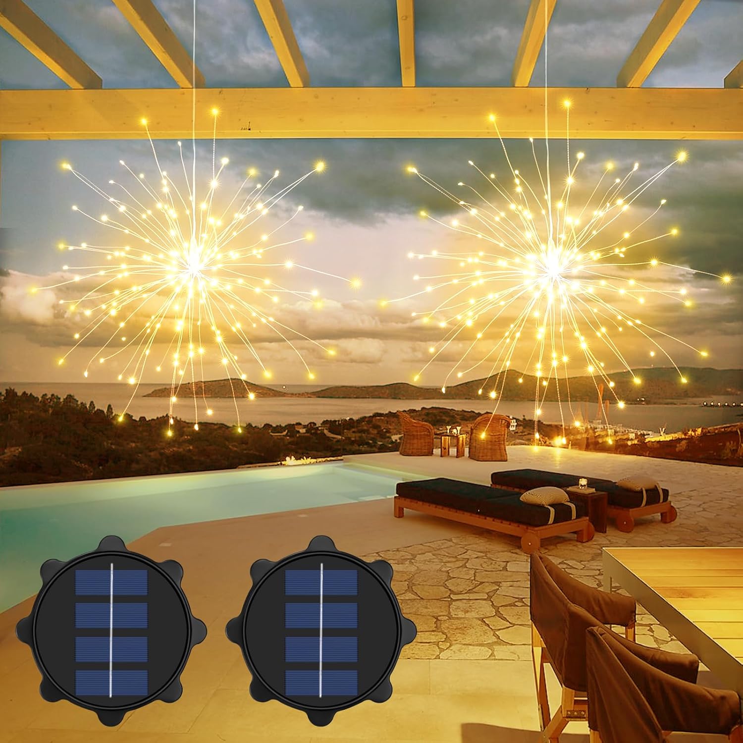 2 luces solares para exteriores, luces solares de fuegos artificiales, 240 luces LED solares colgantes para exteriores, impermeables, luces de