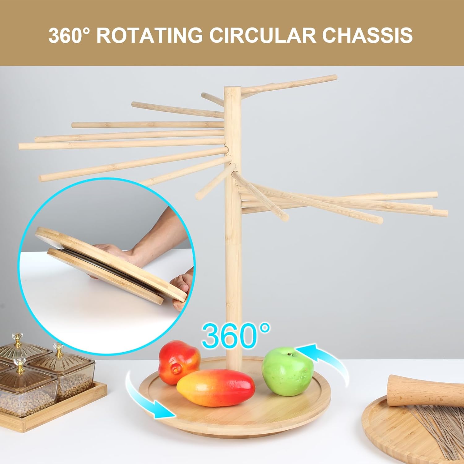 Kcgani Estante de secado plegable para pasta, estante de secado para fideos con bandeja giratoria, soporte grande de madera de bambú para secadora