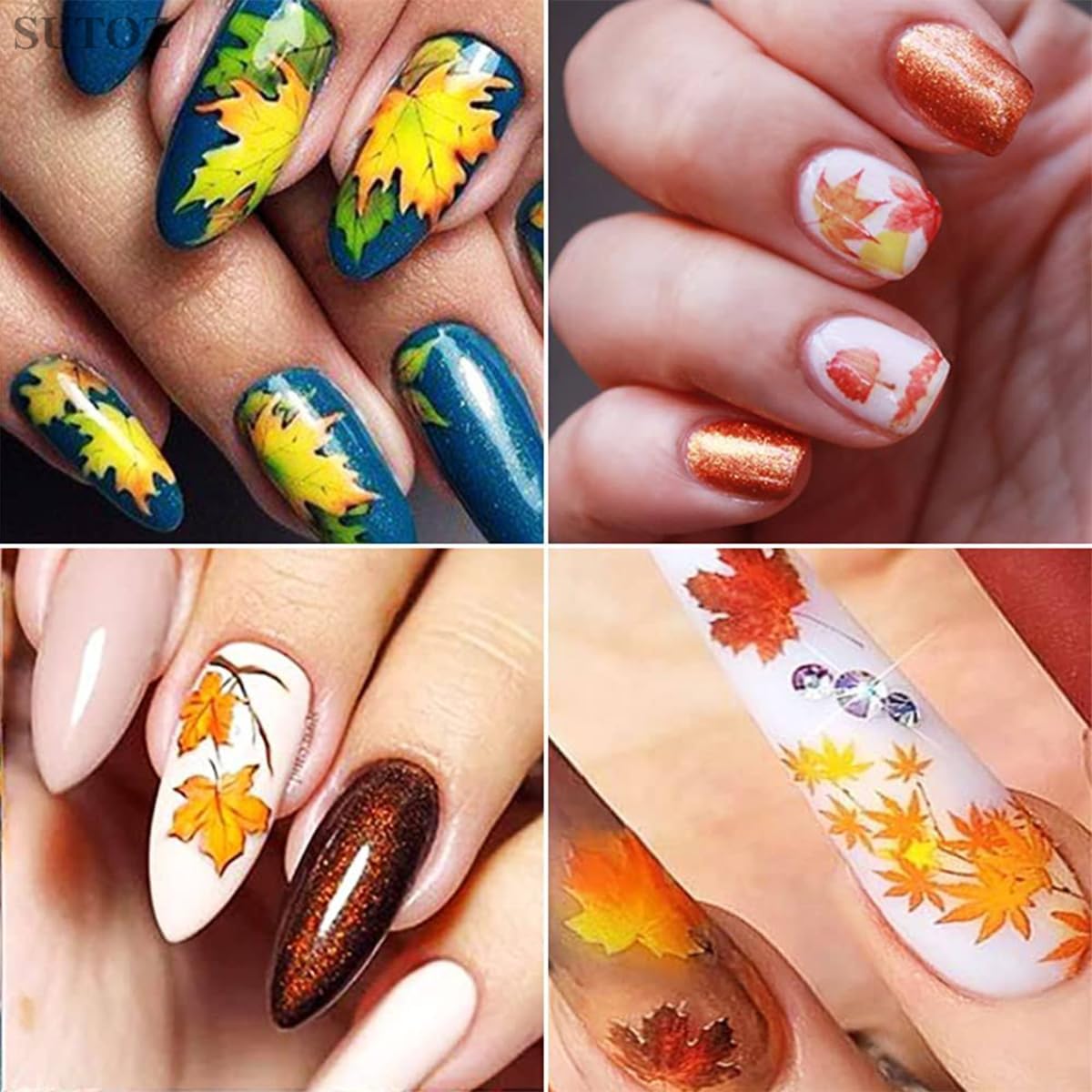 6 hojas de hojas de arce de otoño, calcomanías de arte de uñas, diseños autoadhesivos 3D, hojas de arce de otoño, hongos, calcomanías de uñas para