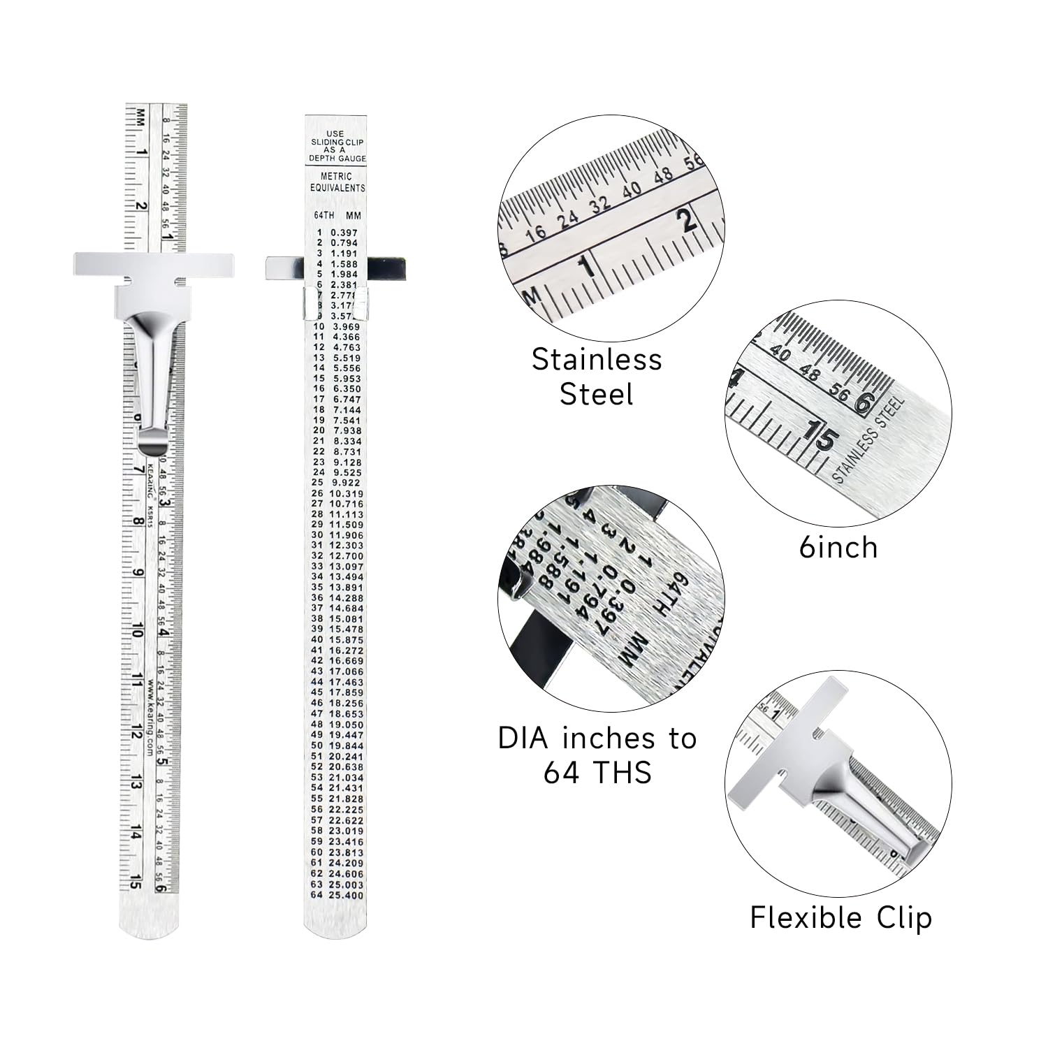 KEARING Regla de bolsillo de 5.9 in, regla de acero inoxidable con clips desmontables, graduaciones imperiales y métricas, 2 piezas