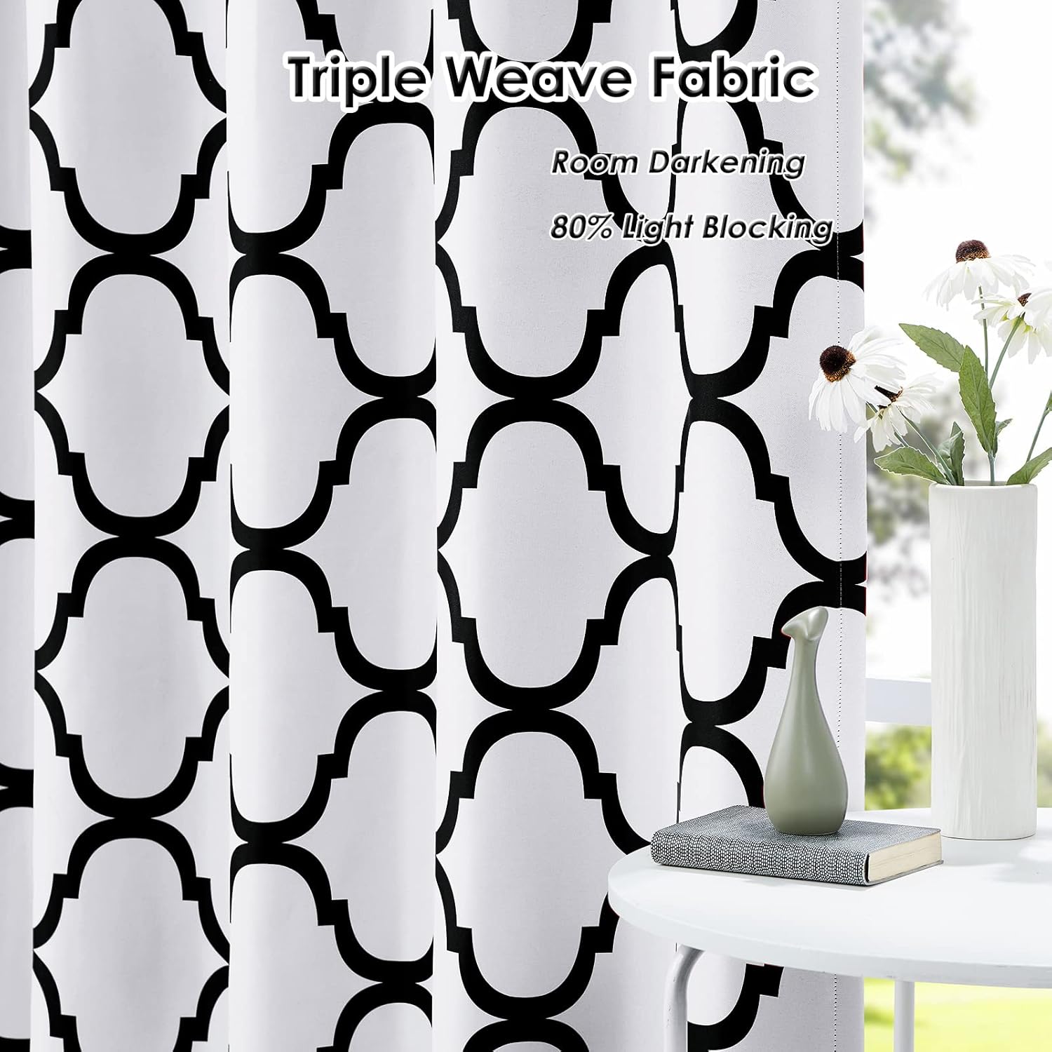 Melodieux Cortina opaca con ojales para oscurecer la habitación, estilo marroquí, para puerta de patio, 100 x 84 pulgadas, color blanco rotonegro (1